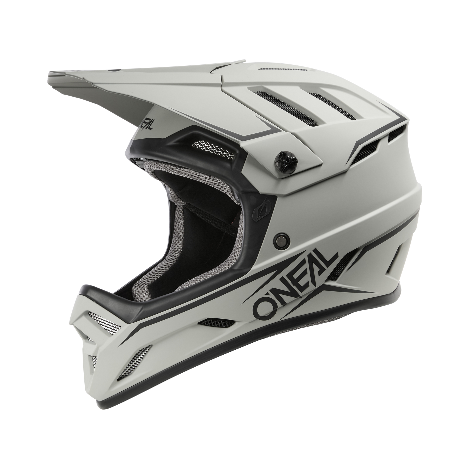 Der O'NEAL BACKFLIP Helm SOLID ist ein mattweißer Fullface-MTB-Helm mit schwarzen Belüftungsöffnungen, schwarzem "O'NEAL"-Schriftzug an der Seite, einem Visier und einem kantigen, modernen Design.