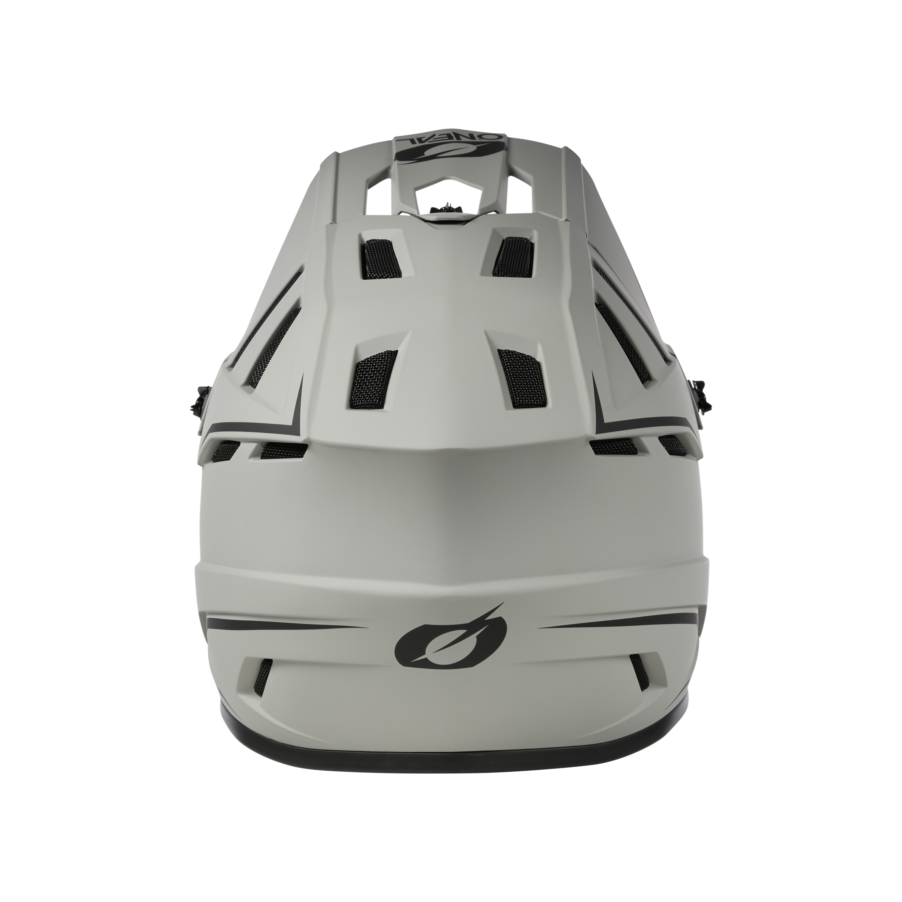 Der O'NEAL BACKFLIP Helm SOLID ist ein mattgrauer MTB-Helm von O'NEAL, der von vorne mit mehreren Belüftungsöffnungen und einem schwarzen Logo in der unteren Mitte gezeigt wird.