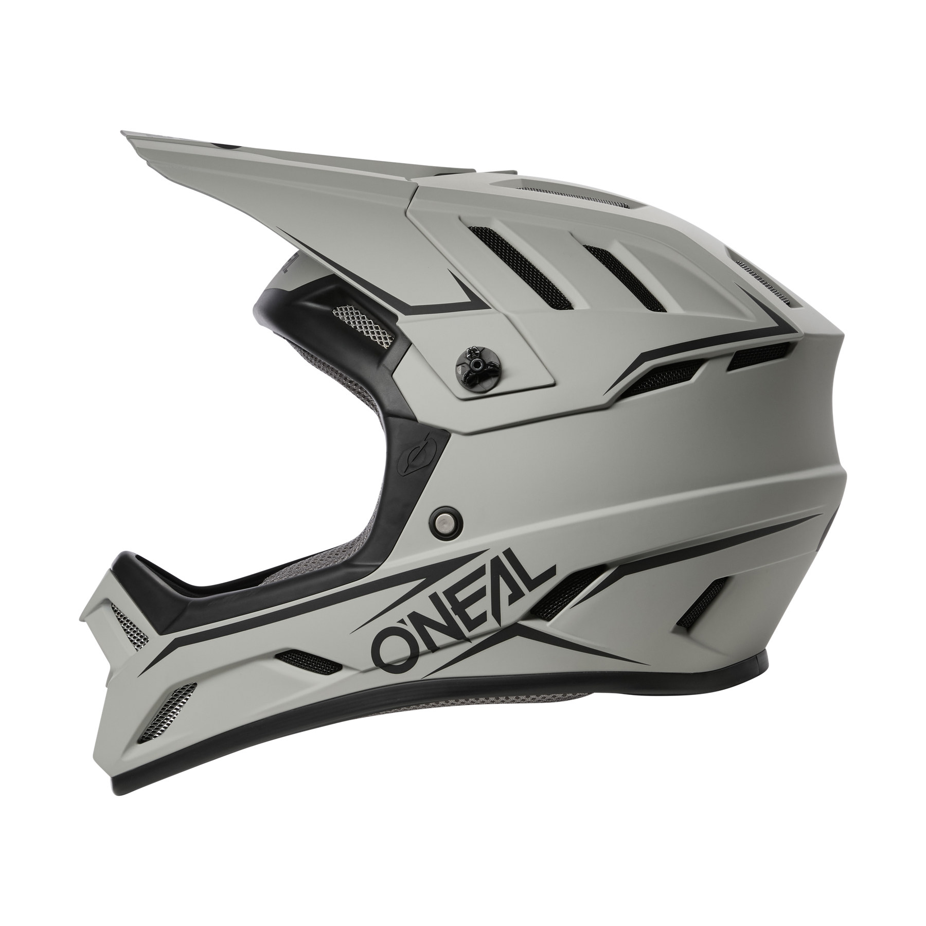 Der O'NEAL BACKFLIP Helm SOLID ist ein mattgrauer Fullface-MTB-Helm mit schwarzen Belüftungsöffnungen, Visier und O'NEAL-Logo an der Seite. Im Profil vor schwarzem Hintergrund abgebildet, ist er ideal für Mountainbike-Abenteuer.