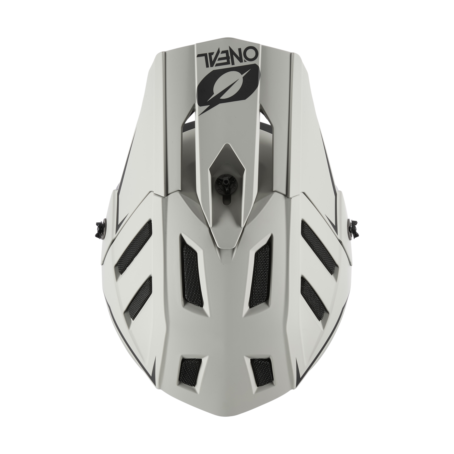 Draufsicht auf den O'NEAL BACKFLIP Helm SOLID von O'NEAL, ein weißer MTB-Helm mit schwarzen Belüftungsöffnungen und dem O'NEAL-Logo in Schwarz auf dem Visier - perfekt für Mountainbike-Abenteuer.