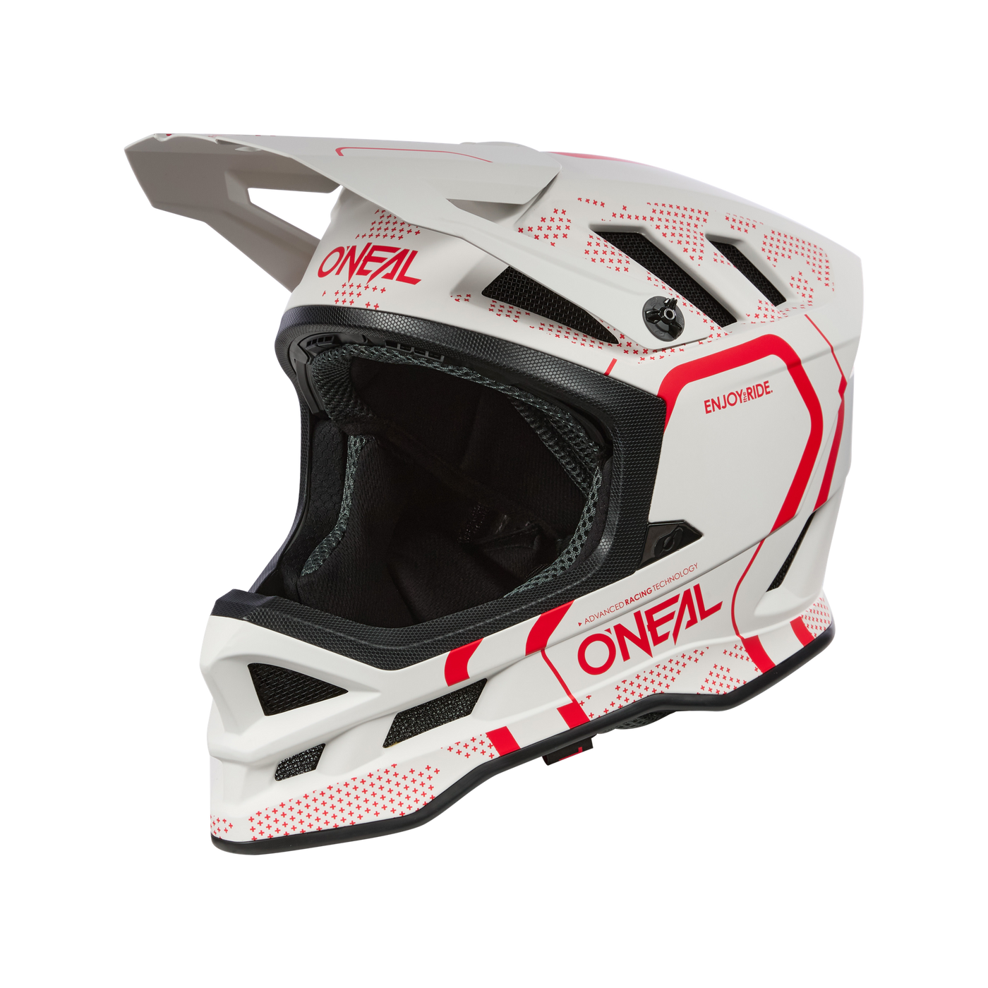 Der O'NEAL BLADE Polyacrylite Helm STRIKE - ein weißer MTB-Helm mit roten Akzenten, Visier und stabilem Kinnschutz - ist mit dem O'NEAL-Logo an der Seite und einem schwarzen Hintergrund versehen und eignet sich perfekt für Motocross oder Mountainbiking.