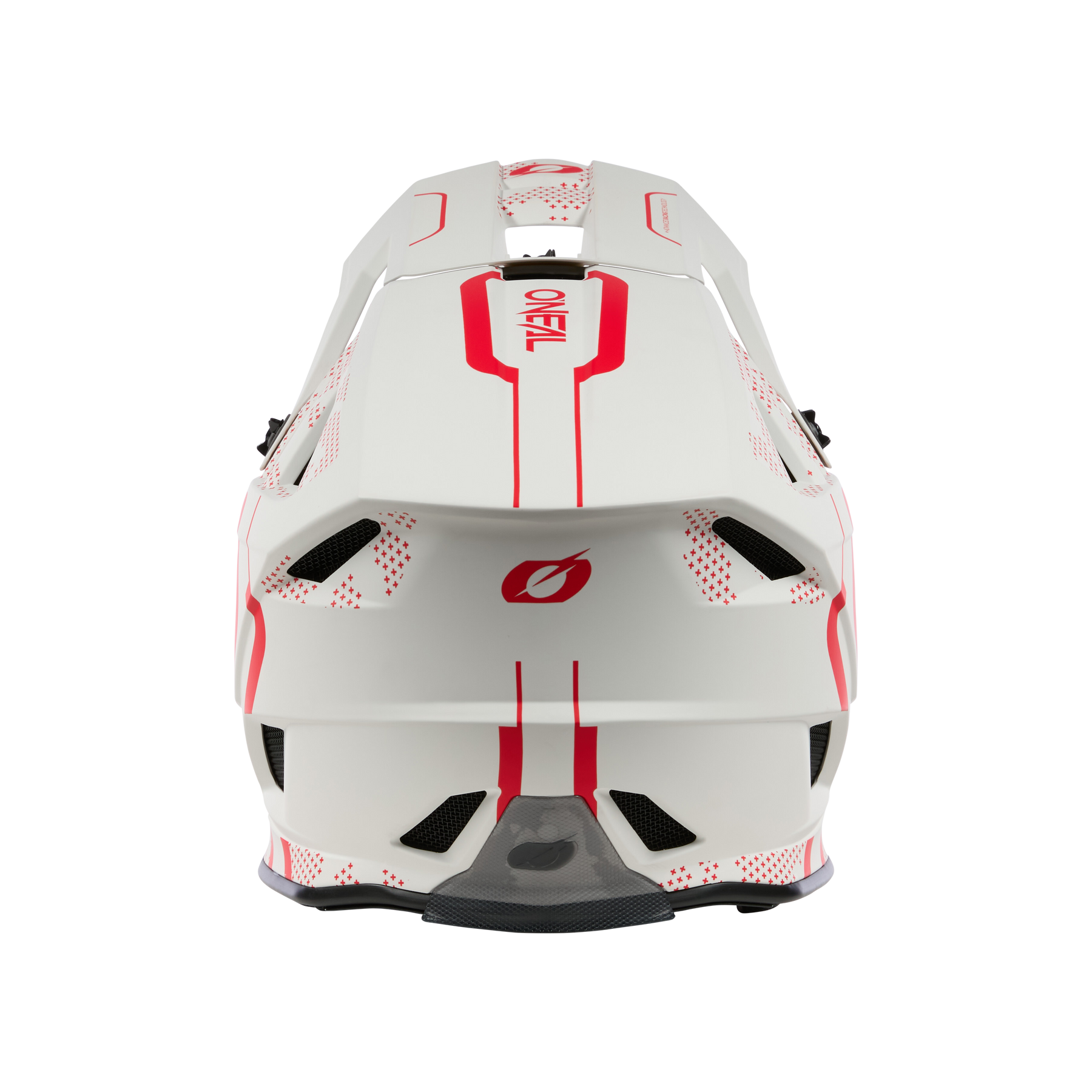 Die Rückansicht des weiß-roten O'NEAL BLADE Polyacrylite Helm STRIKE zeigt sein kantiges Design, die Belüftungslöcher und das O'NEAL"-Branding auf der Rückseite.