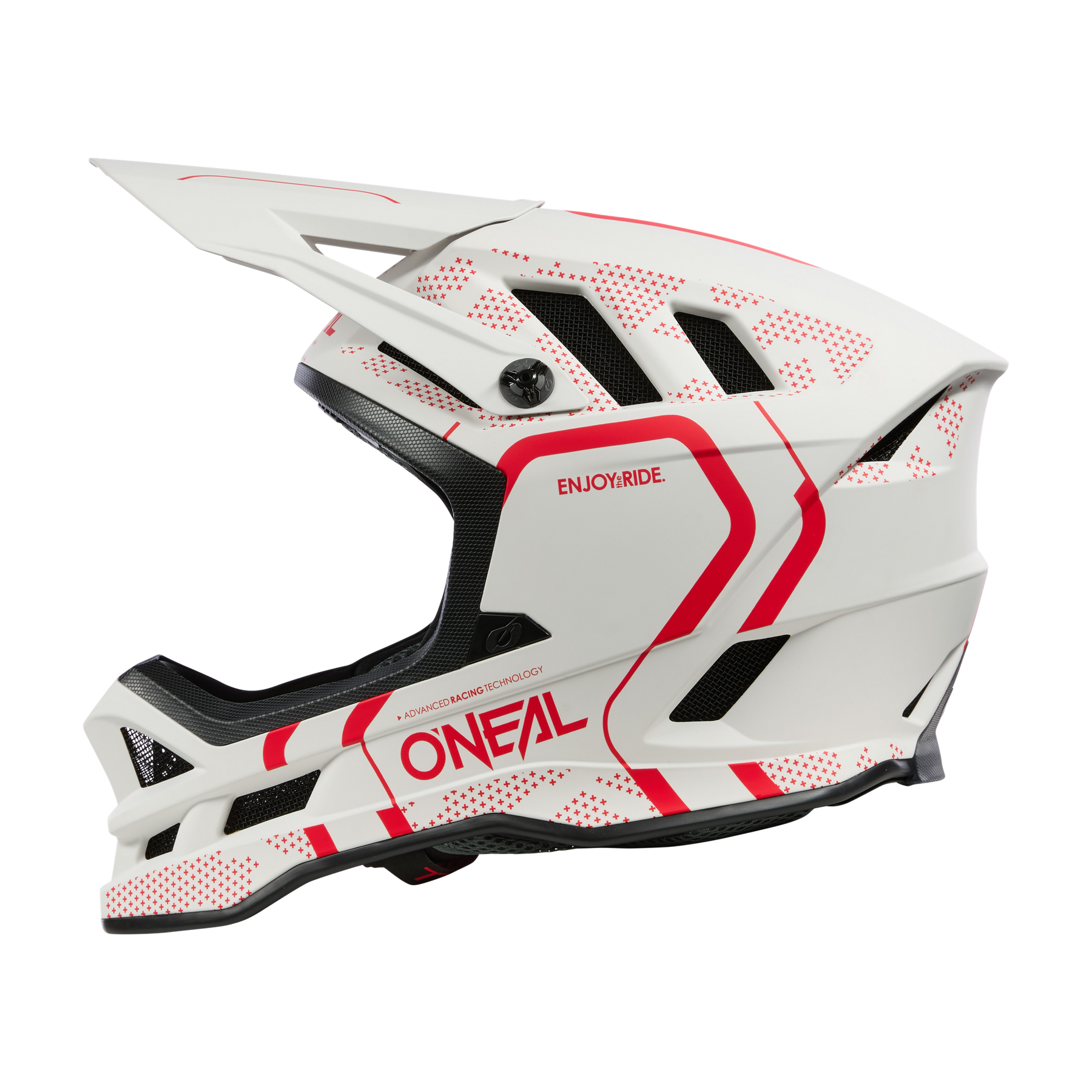 Der O'NEAL BLADE Polyacrylite Helm STRIKE ist ein weißer Fullface-MTB-Helm mit roten geometrischen Akzenten, schwarzem Kinnschutz und auffälligem roten "O'NEAL" und "ENJOY RIDE" an der Seite - ideal für Motocross- oder Mountainbike-Abenteuer.