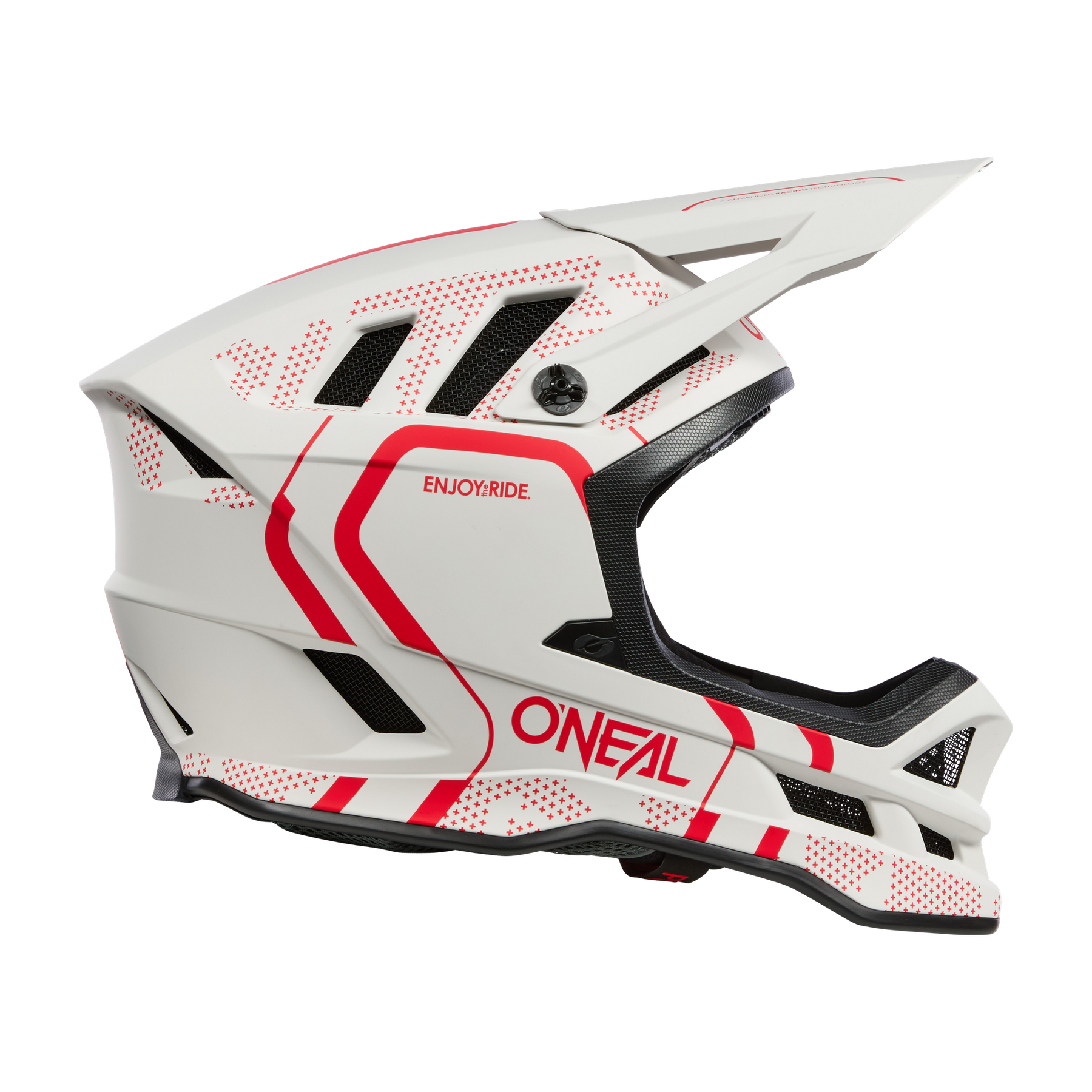 Der O'NEAL BLADE Polyacrylite Helm STRIKE ist ein weißer Integralhelm mit roten Akzenten, seitlichem "O'Neal"-Branding, Visier und Belüftung - perfekt für Motocross oder Mountainbiking.