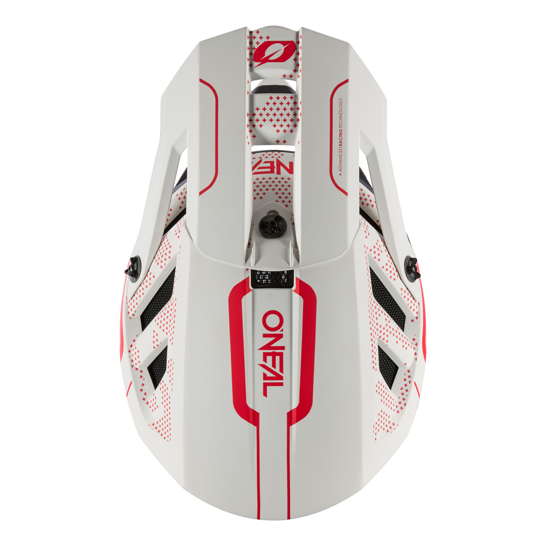 Draufsicht auf den weißen O'NEAL BLADE Polyacrylite Helm STRIKE mit roten Akzenten, schwarzen Belüftungsstreifen und gepunkteten Mustern. Dieser moderne, aerodynamische Helm von O'NEAL ist ideal für Mountainbike-Enthusiasten.
