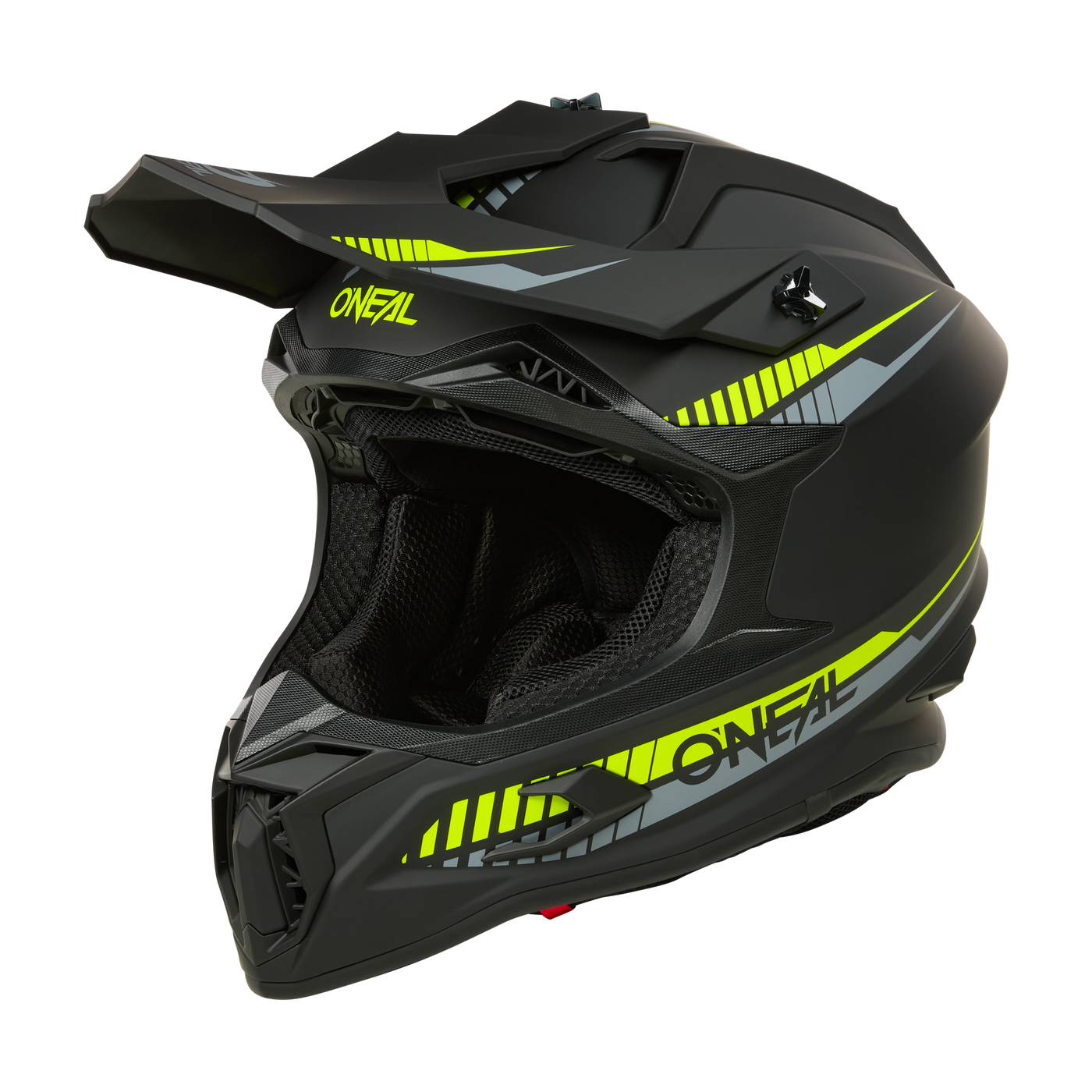 Der O'NEAL C-SRS Helm SOLID ist ein schwarzer Motocross-Helm mit gelber und grauer Grafik, Visier und Belüftung. Er bietet maximale Sicherheit, plakatives O'NEAL-Branding und ein modernes kantiges Design für stylishen Look auf jeder Fahrt.