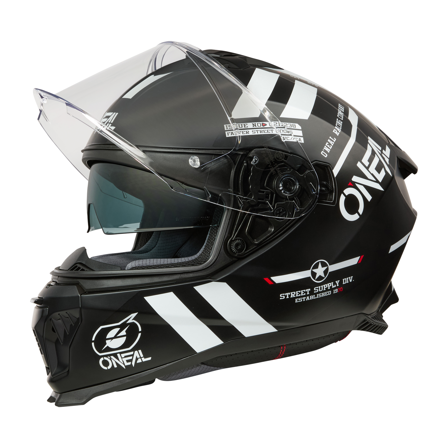 Der O'NEAL CHALLENGER Helm WARHAWK ist ein schwarzer Integralhelm mit weißen Streifen, "ONEAL"- und "Street Supply Div."-Logos sowie einem durchsichtigen, erhöhten Visier - ideal für Ihre nächste Fahrradtour.