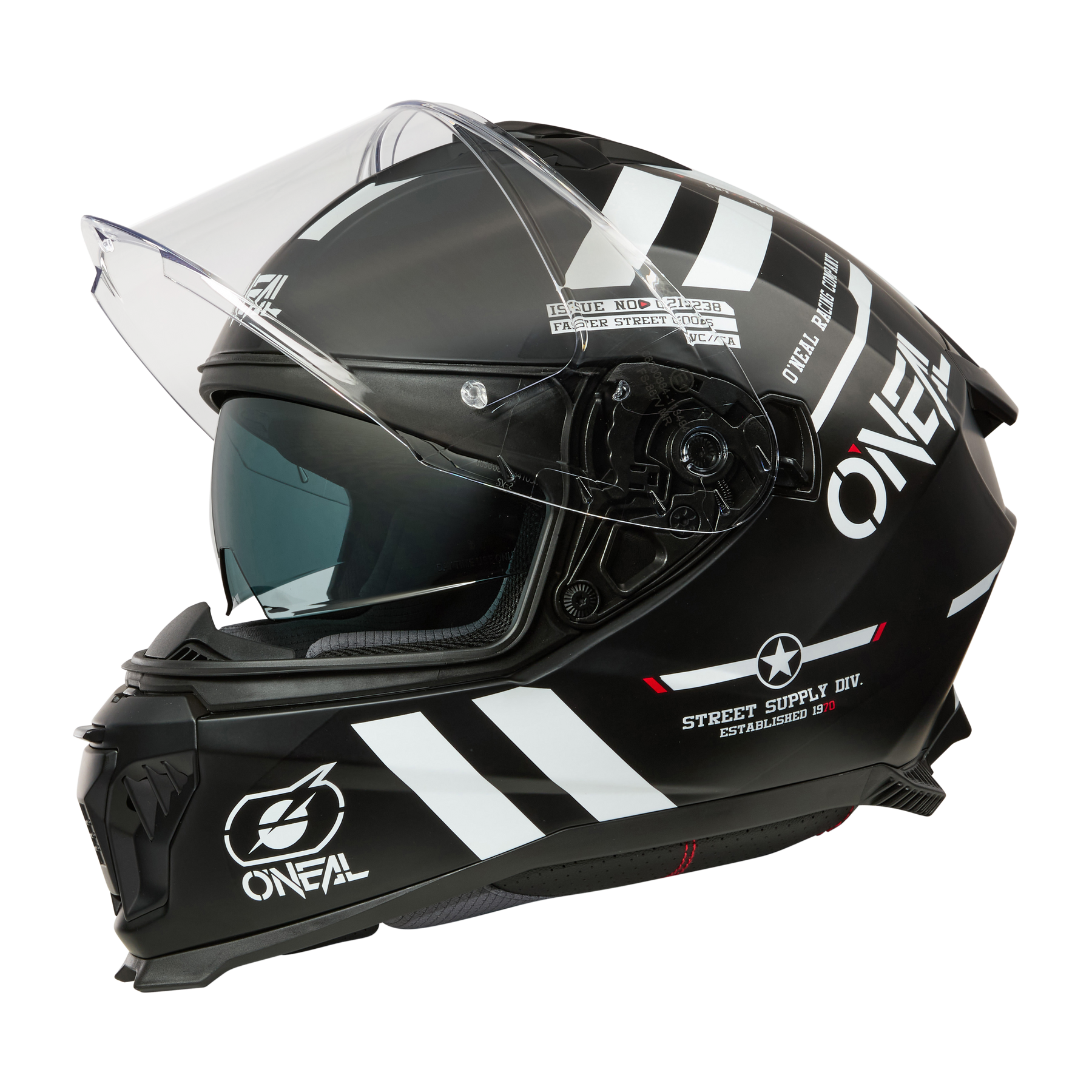 Der O'NEAL CHALLENGER Helm WARHAWK ist ein schwarzer Integralhelm mit klarem Visier, weißer Grafik, Logos, aerodynamischem Design und seitlichem Visiermechanismus - ideal für Motorradfans. Abgebildet vor einem schlichten weißen Hintergrund.
