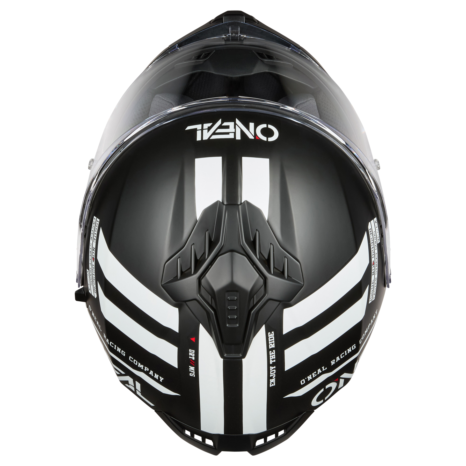 Der O'NEAL CHALLENGER Helm WARHAWK ist ein schwarzer Integralhelm mit auffälligen weißen Streifen und dem O'NEAL-Logo auf der Oberseite. Er verfügt über ein durchsichtiges Visier und vordere Belüftungsöffnungen für eine optimale Luftzirkulation.