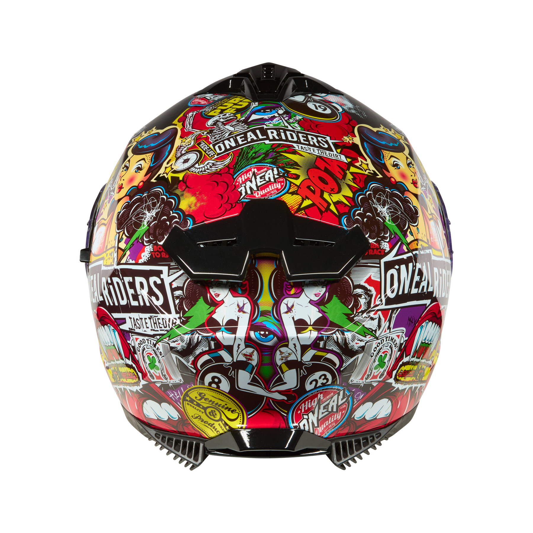 Der O'NEAL CHALLENGER Helm CRANK bietet eine lebendige, von Comics inspirierte Grafik mit Pop-Art-Gesichtern, Sprechblasen und dem Text "ONEAL RIDERS" - von der Rückseite vor einem schwarzen Hintergrund aufgenommen - für jeden O'NEAL-Fan und Fahrradliebhaber.