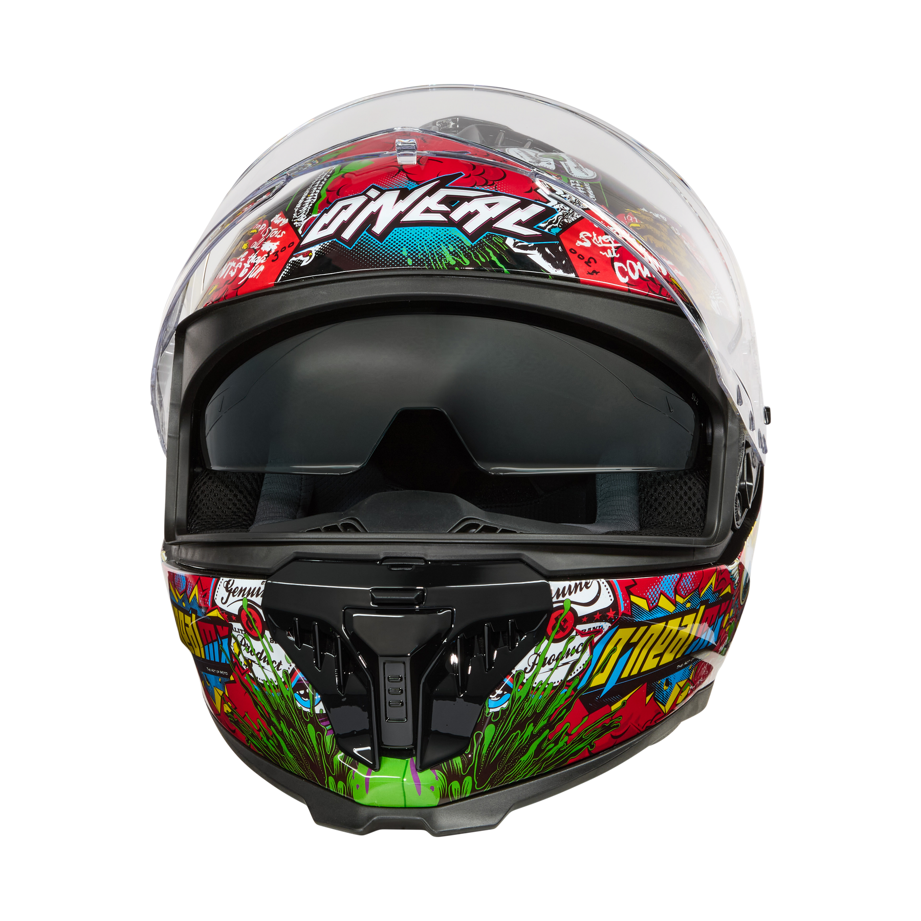 Der O'NEAL CHALLENGER Helm CRANK verfügt über ein klares Visier, eine dunkle Sonnenblende und auffällige Grafiken im Graffiti-Stil in Rot, Blau, Grün und Gelb auf Schwarz. Auf der Stirn prangt das unverwechselbare O'NEAL-Branding - ideal für Motorradfans.