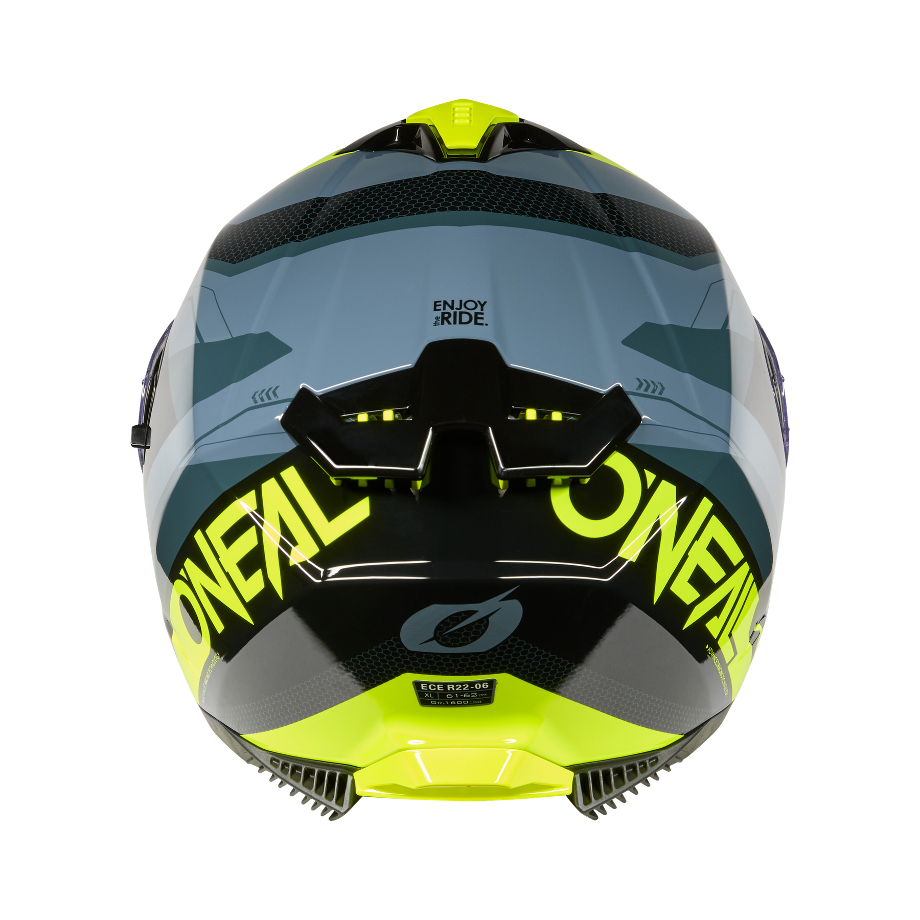 Eine Rückansicht des farbenfrohen O'NEAL CHALLENGER Helm EXO Motorradhelms mit auffälligen schwarzen, gelben und grauen Mustern und "ENJOY RIDE" und "O'NEAL" in großen Buchstaben.