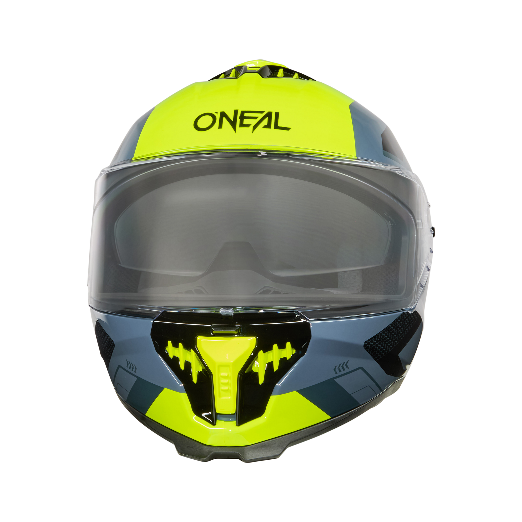 Frontansicht des O'NEAL CHALLENGER Helm EXO in Grau und Neongelb, mit klarem Visier und schwarzen Akzenten, vor schwarzem Hintergrund.