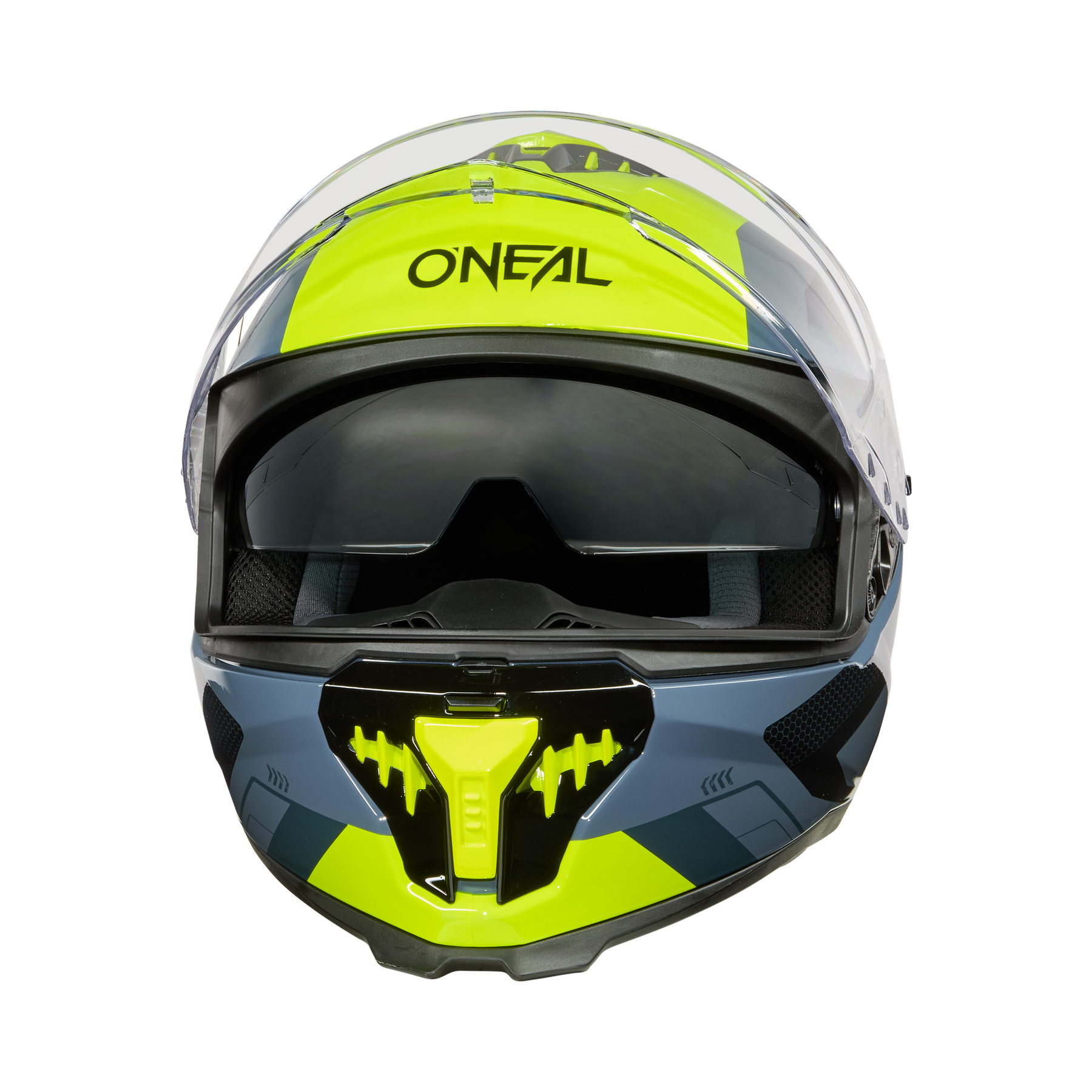 Der O'NEAL CHALLENGER Helm EXO ist ein Integralhelm für Ihr Fahrrad mit schwarzem und neongelbem Design, dunklem Visier, kantigen Linien, Belüftungsdetails und "ONEAL"-Branding auf der Vorderseite.