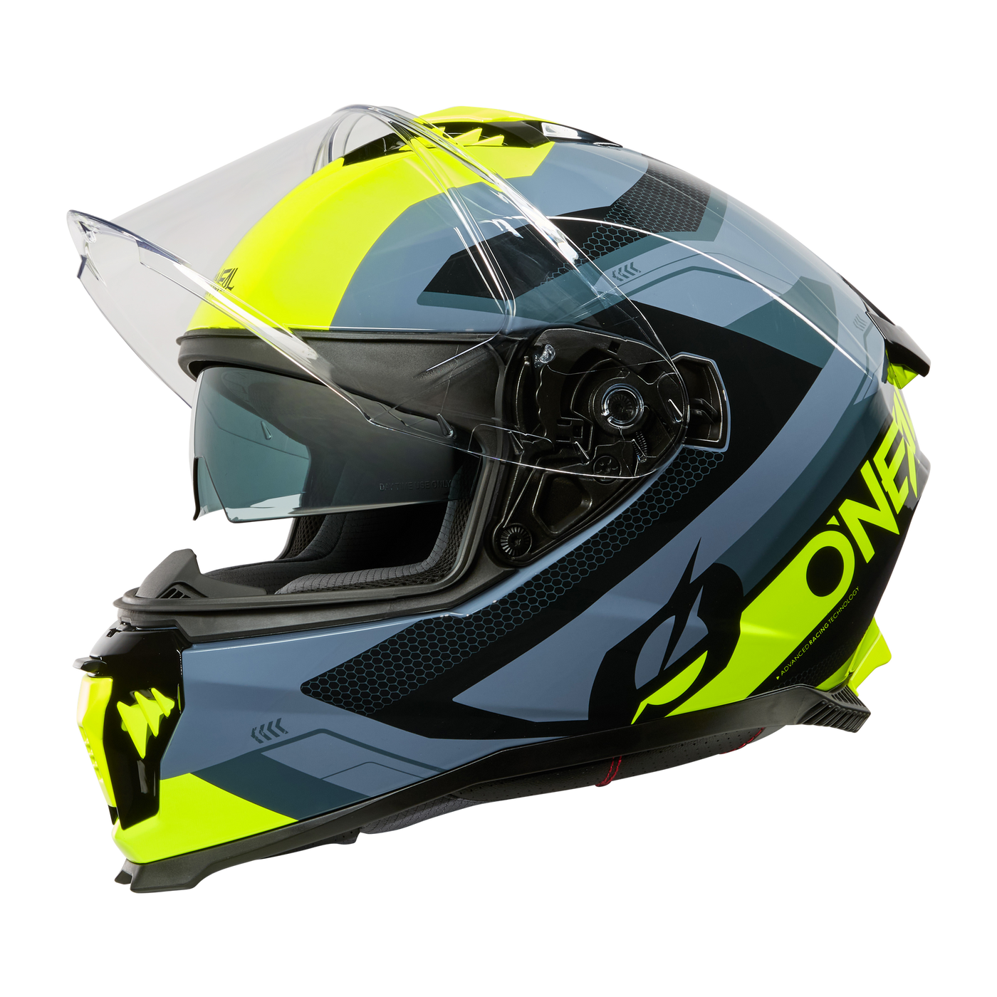 Der O'NEAL CHALLENGER Helm EXO ist ein Vollvisier-Motorradhelm von O'NEAL in Grau, Schwarz und Neongelb mit klarem Visier und aerodynamischer Form, abgebildet auf schwarzem Hintergrund.