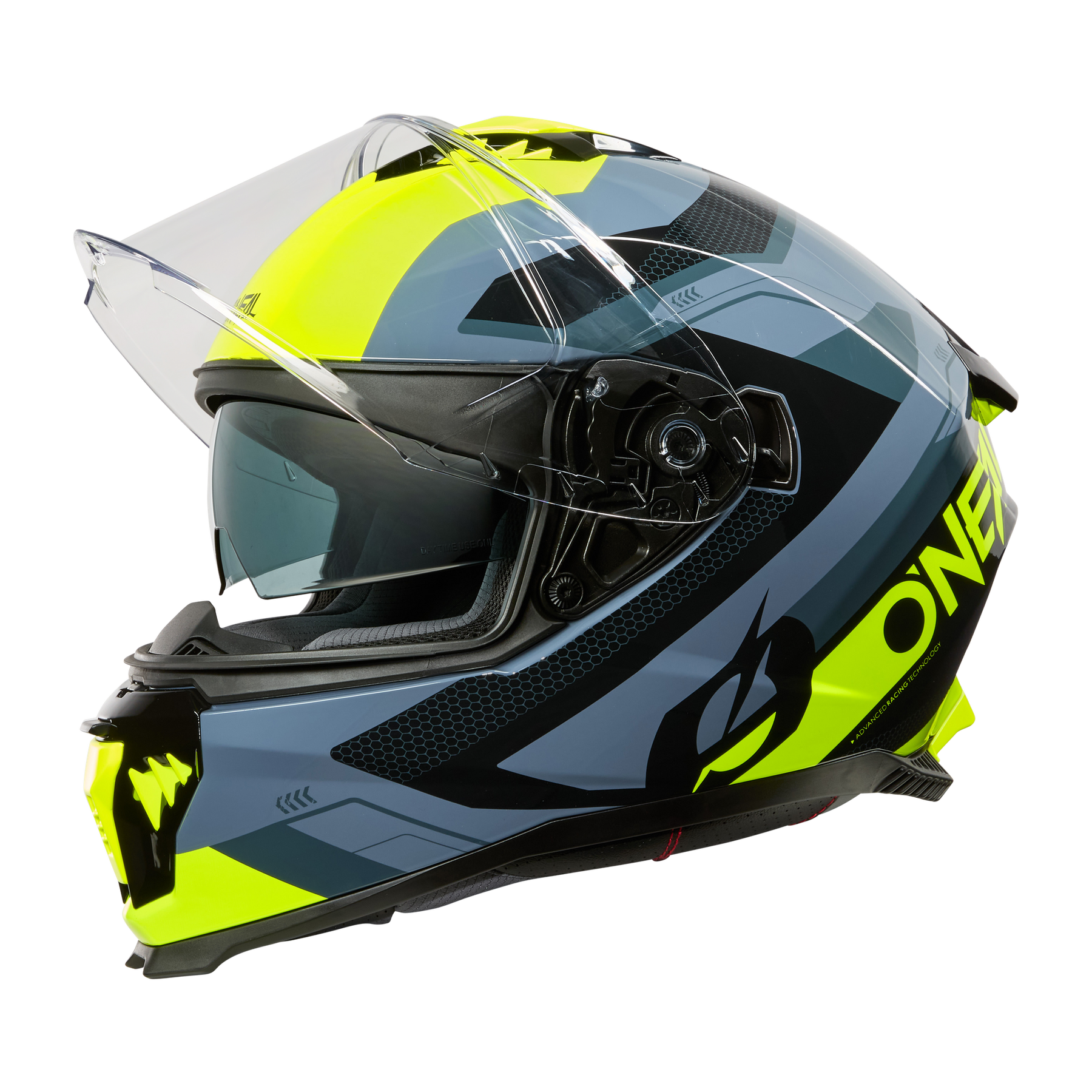 Der O'NEAL CHALLENGER Helm EXO ist ein stylischer Vollvisier-Motorradhelm in Schwarz, Grau und Neongelb mit klarem Visier und auffälligem "ONE"-Logo an der Seite.