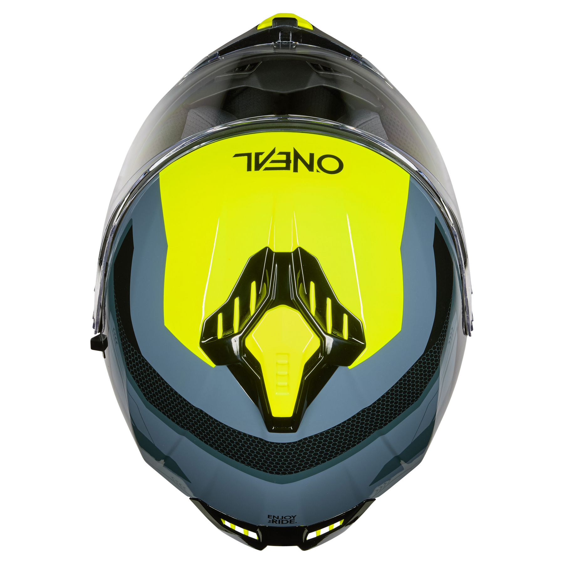 Eine Frontansicht des O'NEAL CHALLENGER Helm EXO für Ihr Motorrad, mit einem leuchtend gelben und grauen Design mit schwarzen Akzenten, einem durchsichtigen Visier und dem "O'NEAL"-Markennamen, der oben auf dem Kopf steht.