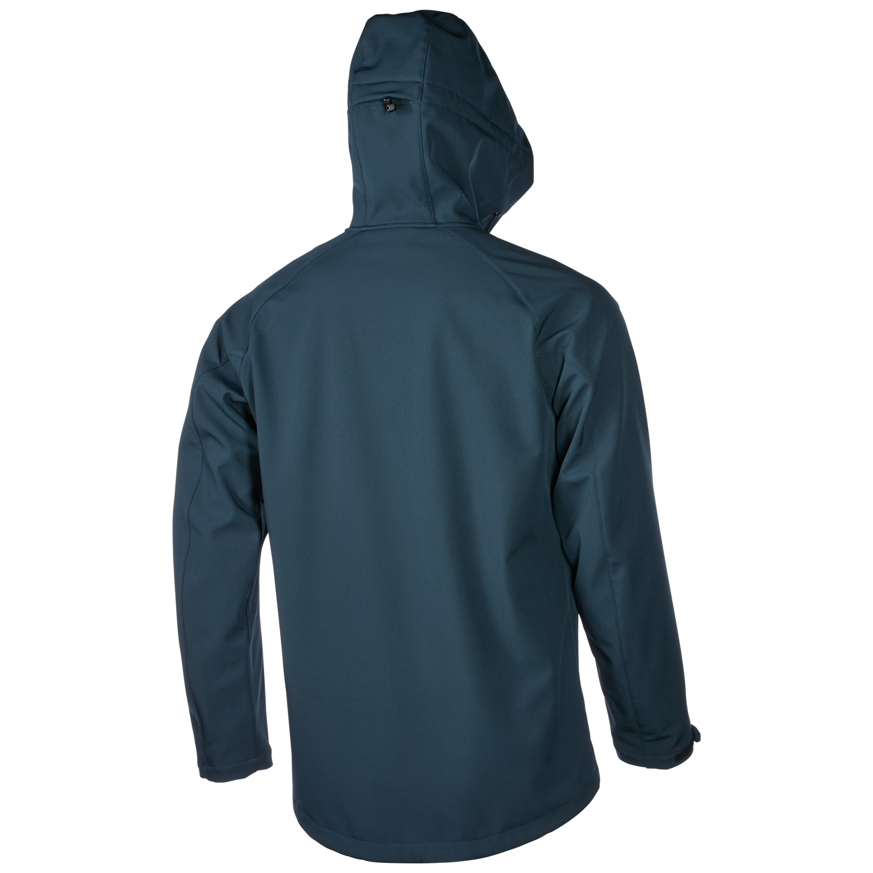 Die O'NEAL CYCLONE Soft Shell Jacke von O'NEAL zeigt sich von hinten in dunkelblau, mit langen Ärmeln und einer kleinen Reißverschlusstasche an der oberen Kapuze. Das glatte Material ist atmungsaktiv und wasserabweisend.