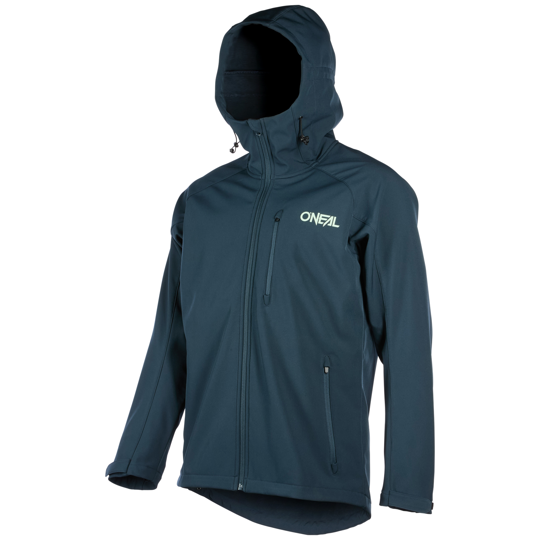 Die O'NEAL CYCLONE Soft Shell Jacke ist eine dunkelblaue, atmungsaktive Jacke mit langen Ärmeln, Frontreißverschluss, Reißverschlusstaschen und dem Schriftzug "O'NEAL" in Weiß auf der linken Brust. Außerdem hat sie einen leicht verlängerten hinteren Saum.