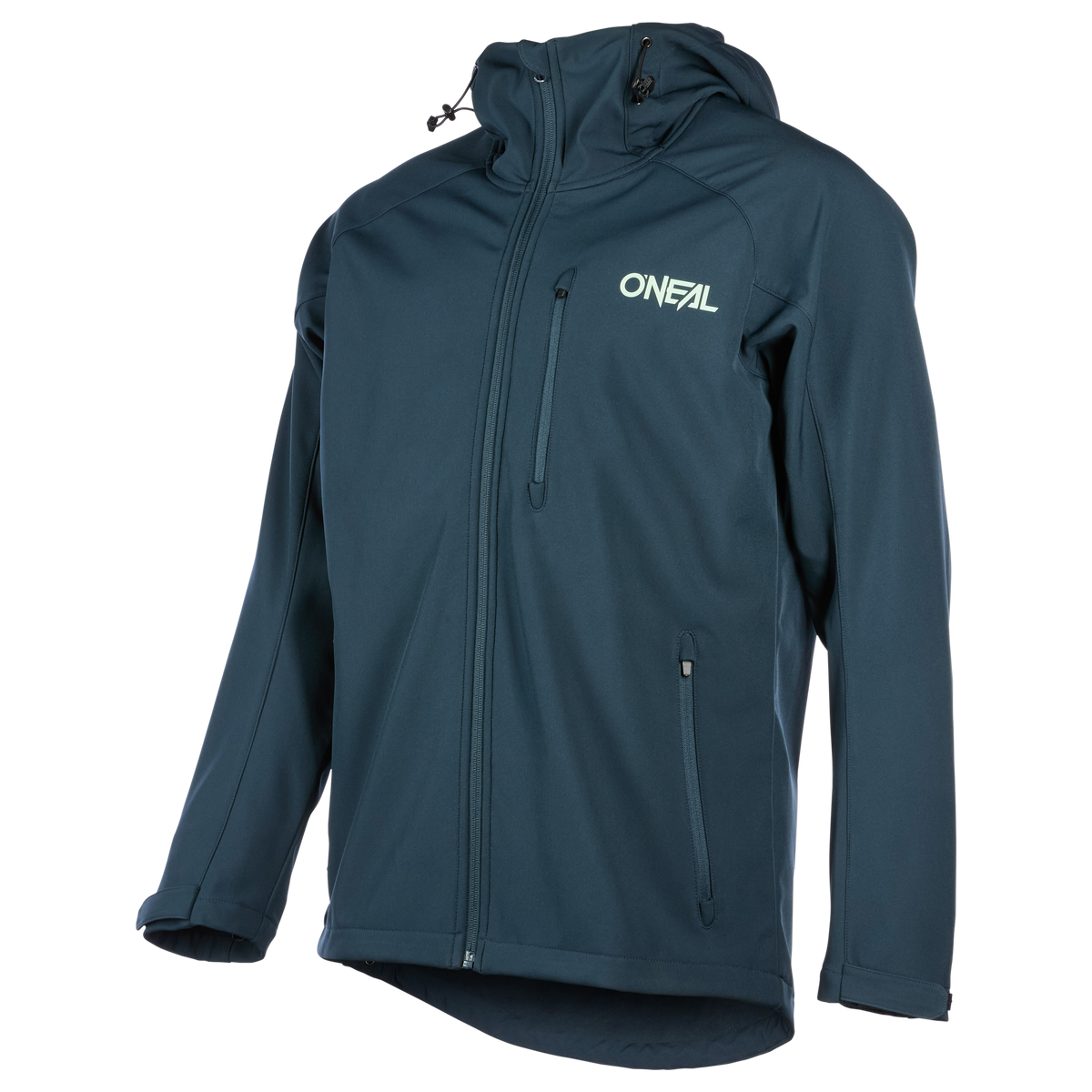 Die O'NEAL CYCLONE Soft Shell Jacke ist eine dunkelblaue, atmungsaktive, wasserabweisende Jacke mit langen Ärmeln, Brust- und Seitentaschen mit Reißverschluss, Frontreißverschluss, verlängertem Rückensaum und einem weißen "O'NEAL"-Logo auf der linken Brust.