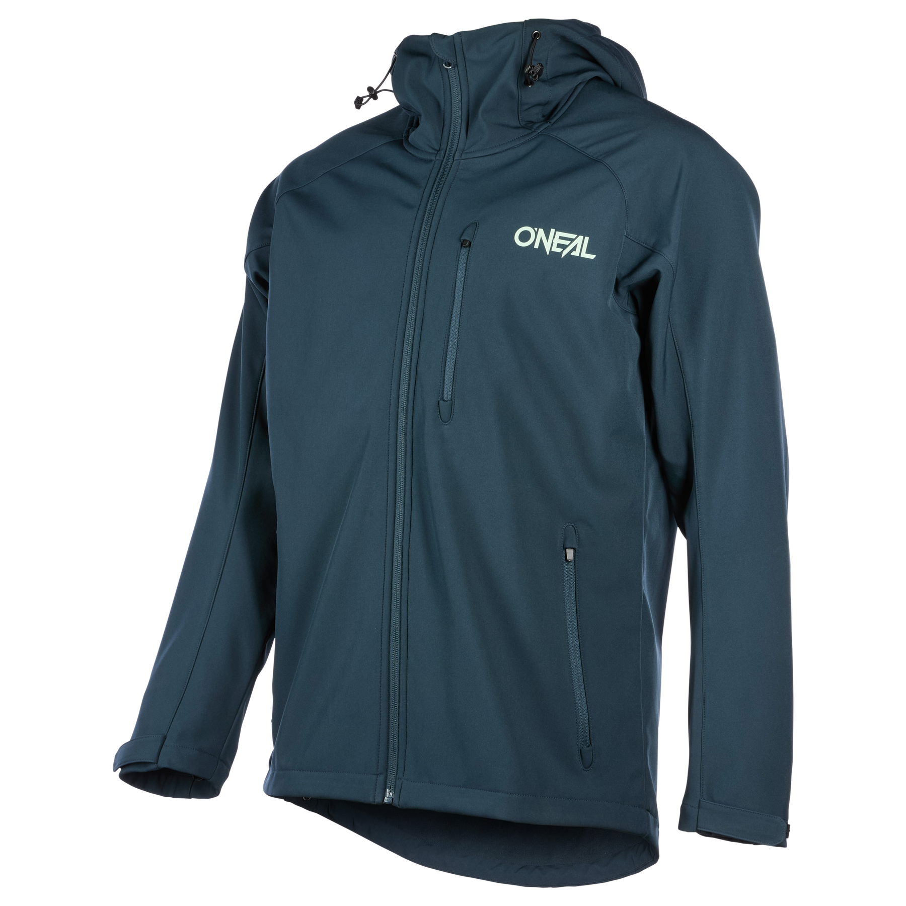 Die O'NEAL CYCLONE Soft Shell Jacke ist eine dunkelblaue, atmungsaktive, wasserabweisende Jacke mit langen Ärmeln, Brust- und Seitentaschen mit Reißverschluss, Frontreißverschluss, verlängertem Rückensaum und einem weißen "O'NEAL"-Logo auf der linken Brust.