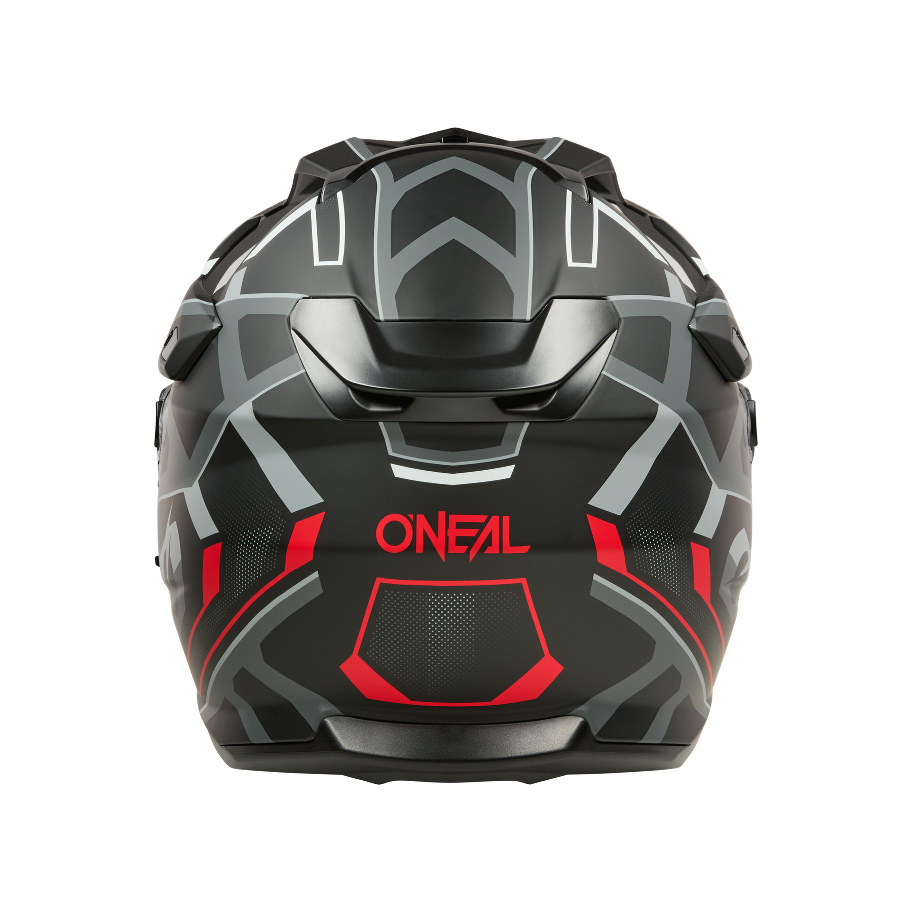 Rückansicht des O'NEAL D-SRS Helm SQUARE, ein schwarzer Helm mit geometrischen grauen und roten Mustern, die das auffällige rote "ONEAL"-Logo auf der unteren Rückseite hervorheben.