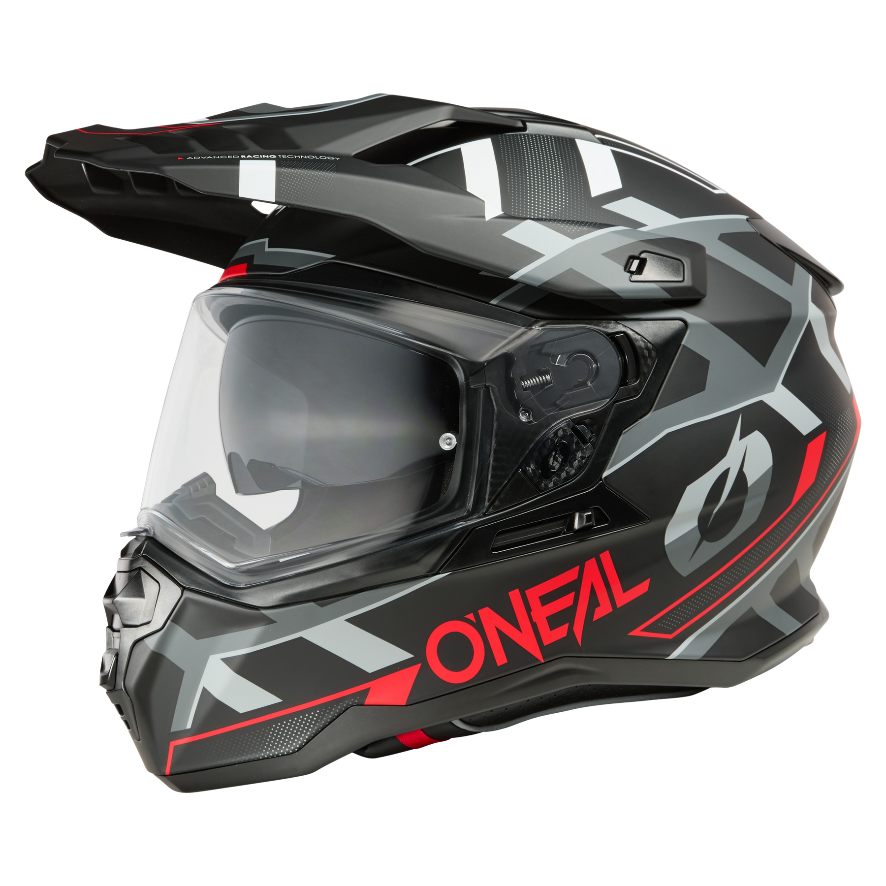 Der O'NEAL D-SRS Helm SQUARE ist ein schwarz-grauer Motorradhelm mit roten Akzenten, seitlichem Logo, klarem Visier und kantigem, geometrischem Design - eine Kombination aus Sicherheit und Stil von O'NEAL.