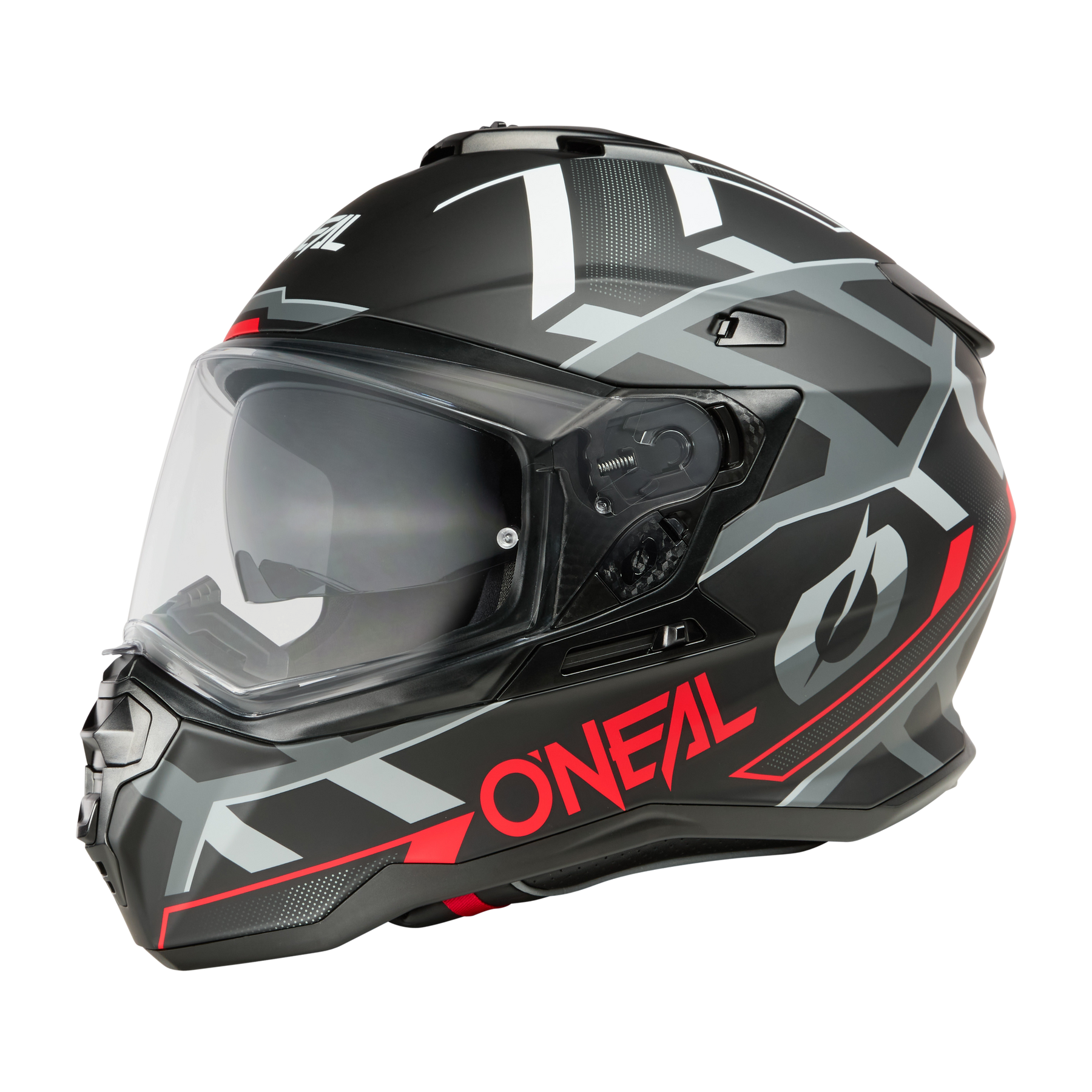 Der O'NEAL D-SRS Helm SQUARE ist ein schwarzer Helm mit geometrischen grauen und weißen Mustern, roten Akzenten, einem durchsichtigen Visier und dem Markennamen "O'NEAL" in Rot an der Seite.