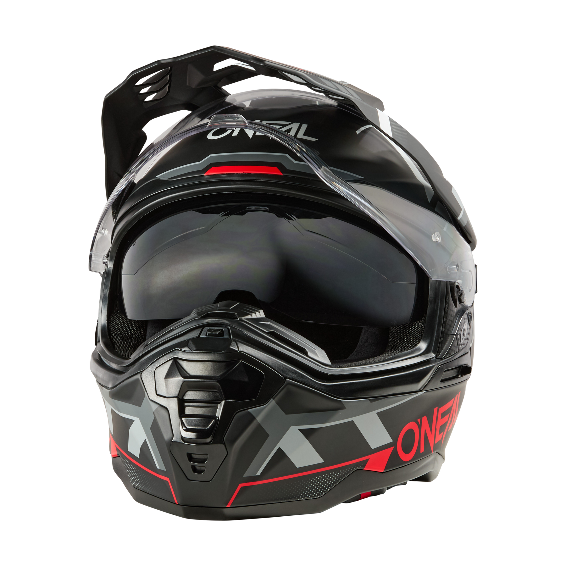 Frontansicht des O'NEAL D-SRS Helm SQUARE in Schwarz, Grau und Rot mit klarem Visier, modernem, kantigem Design, aerodynamischen Details und markantem O'NEAL-Branding.