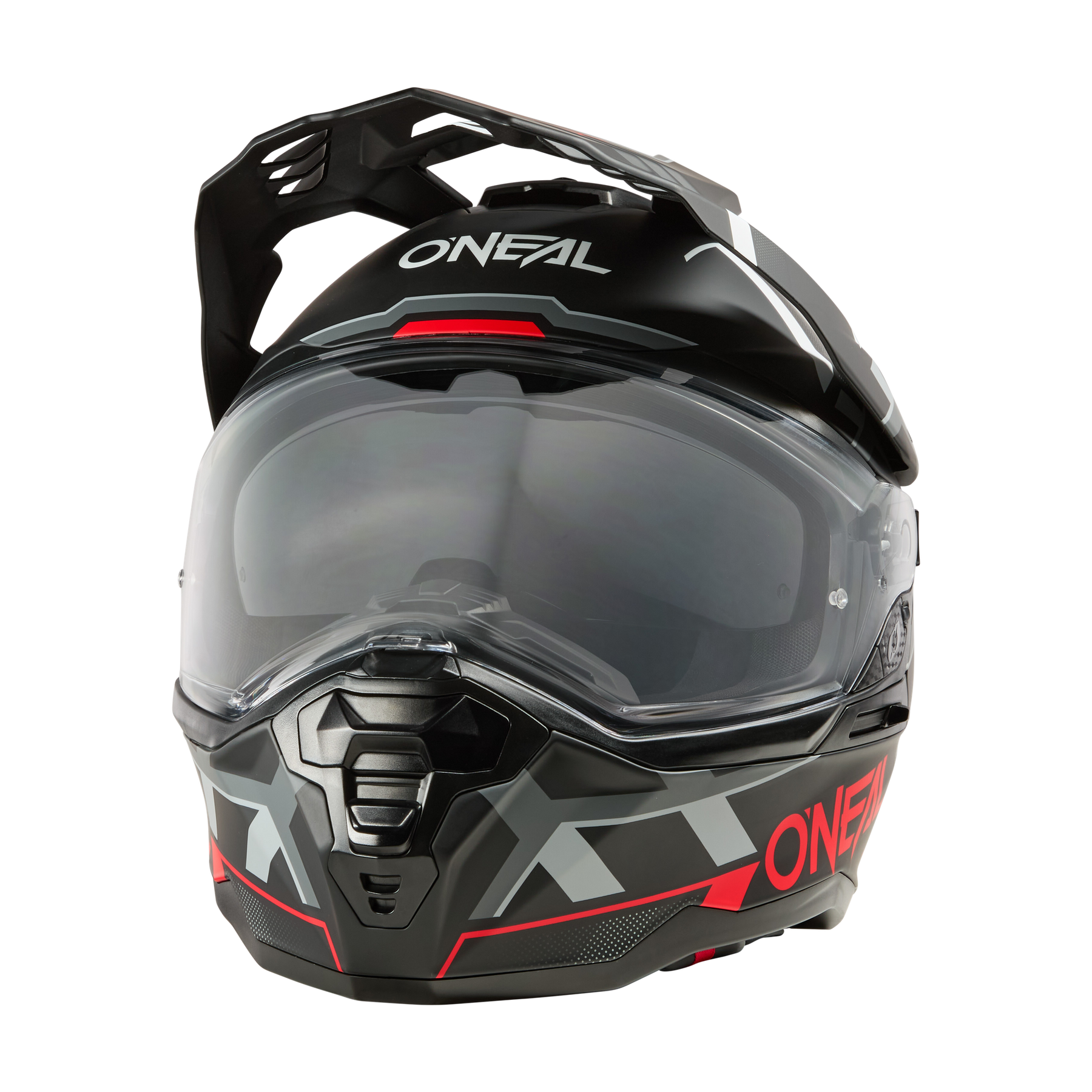 Der O'NEAL D-SRS Helm SQUARE ist ein Integralhelm in Schwarz und Grau mit roten Akzenten, einem klaren Visier und dem O'NEAL-Logo auf der Front und an der Seite. Er hat ein modernes, kantiges Design.