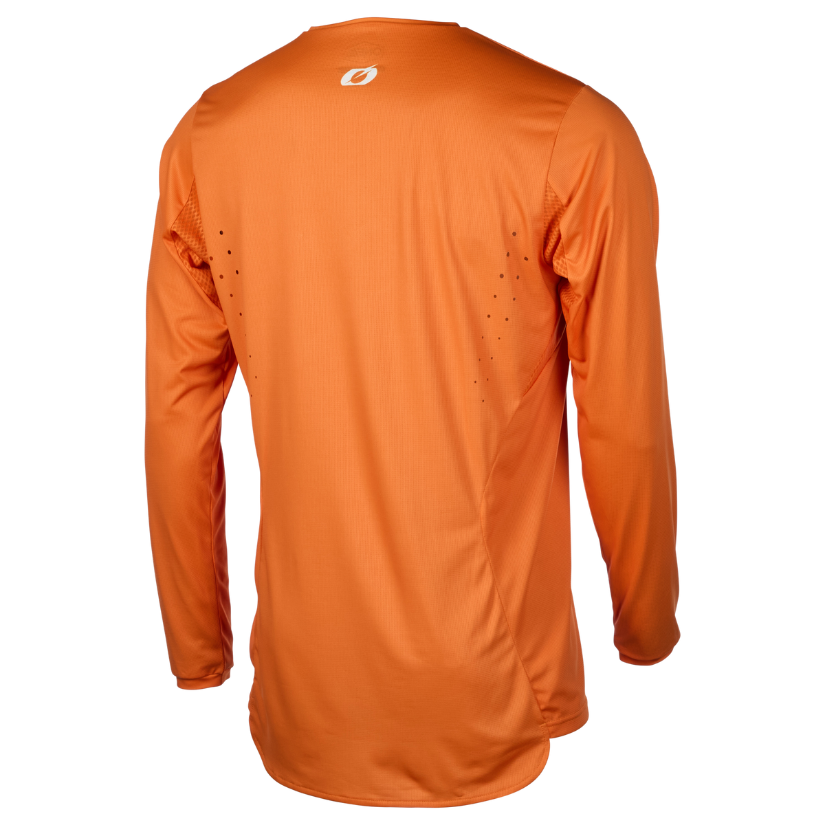 Das O'NEAL ELEMENT FR Jersey PLAIN von O'NEAL ist ein langärmeliges, leuchtend orangefarbenes MTB-Trikot mit kleinen Belüftungslöchern und einem weißen Logo im Nackenbereich - ideal für Trail- oder Endurofahrten.