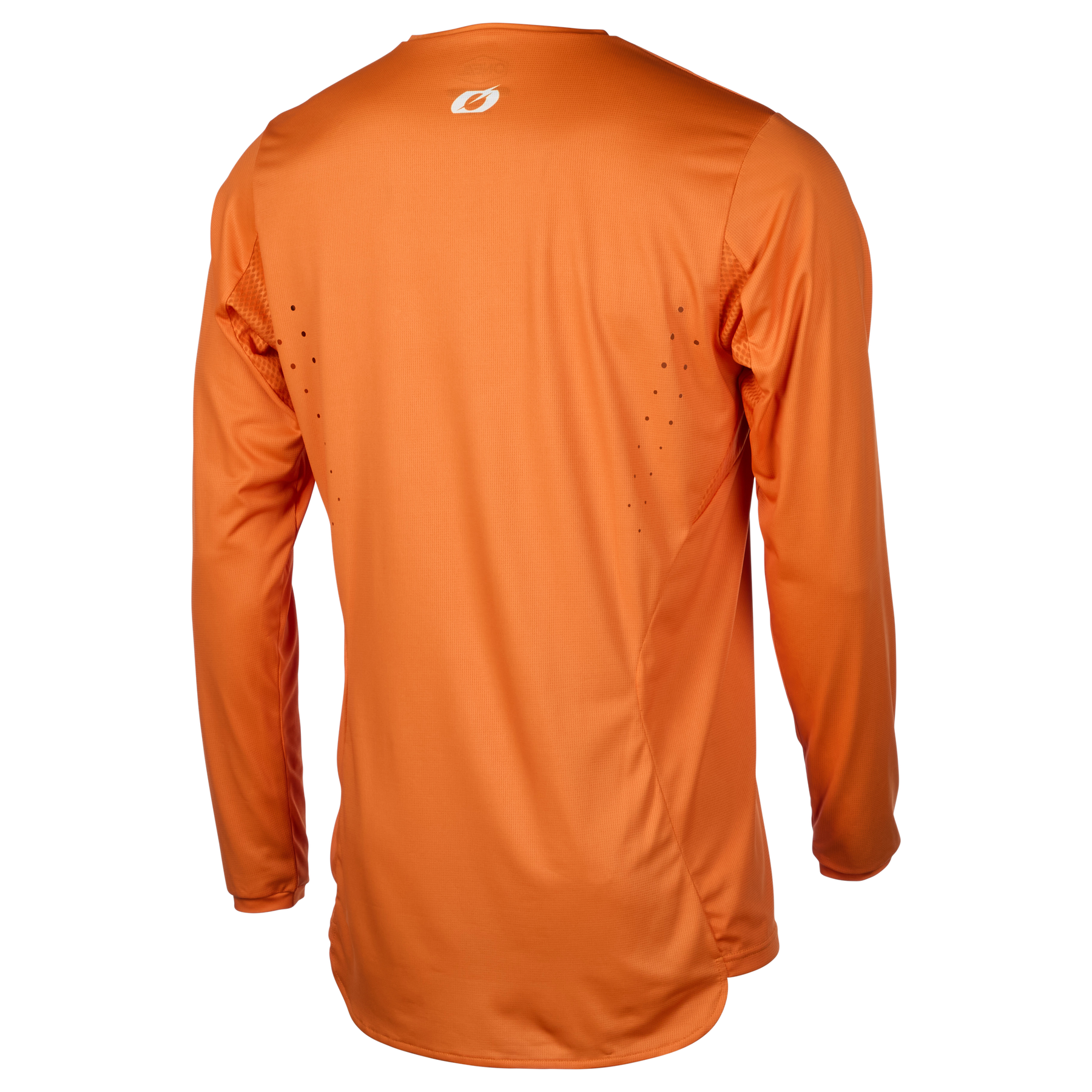 Das O'NEAL ELEMENT FR Jersey PLAIN von O'NEAL ist ein langärmeliges, leuchtend orangefarbenes MTB-Trikot mit kleinen Belüftungslöchern und einem weißen Logo im Nackenbereich - ideal für Trail- oder Endurofahrten.