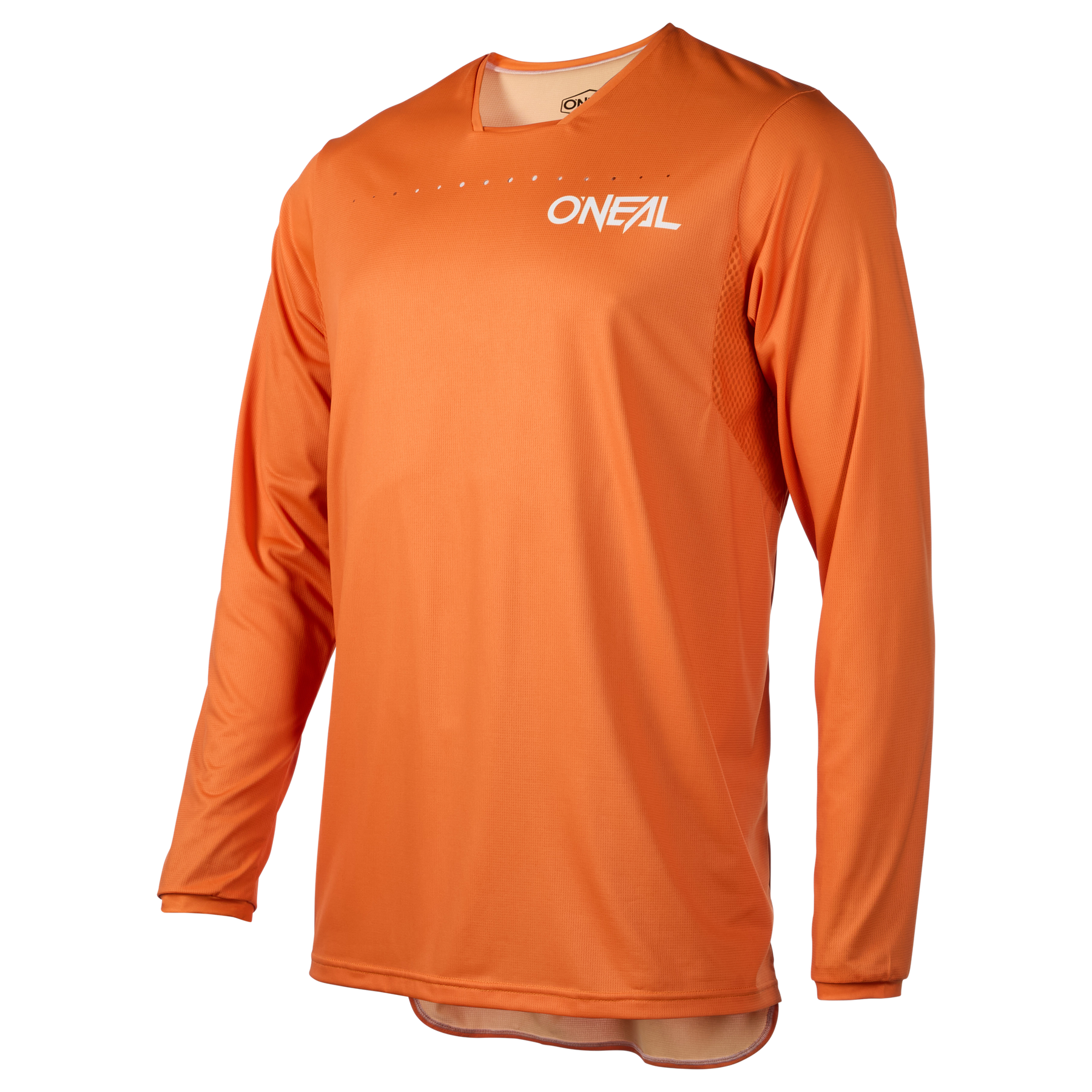 Das O'NEAL ELEMENT FR Jersey PLAIN in Orange hat ein weißes ONFAL-Brustlogo. Dieses langärmelige MTB-Trikot von O'NEAL ist ideal für Trail- und Enduro-Fahrten, hier auf weißem Grund.