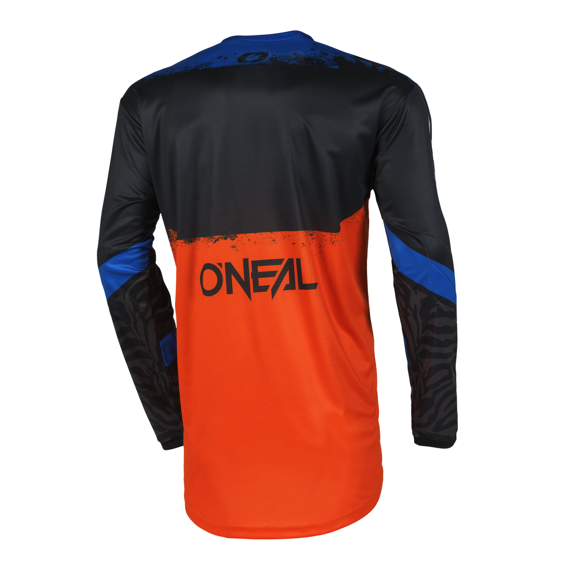 Das O'NEAL ELEMENT Jersey SHOCKER ist ein langärmeliges Motocross-Top aus atmungsaktivem Material mit schwarzem Oberteil, leuchtend orangefarbenem Unterteil, blauen Ärmelakzenten und "O'NEAL"-Aufdruck auf dem Rücken für eine optimale Passform.