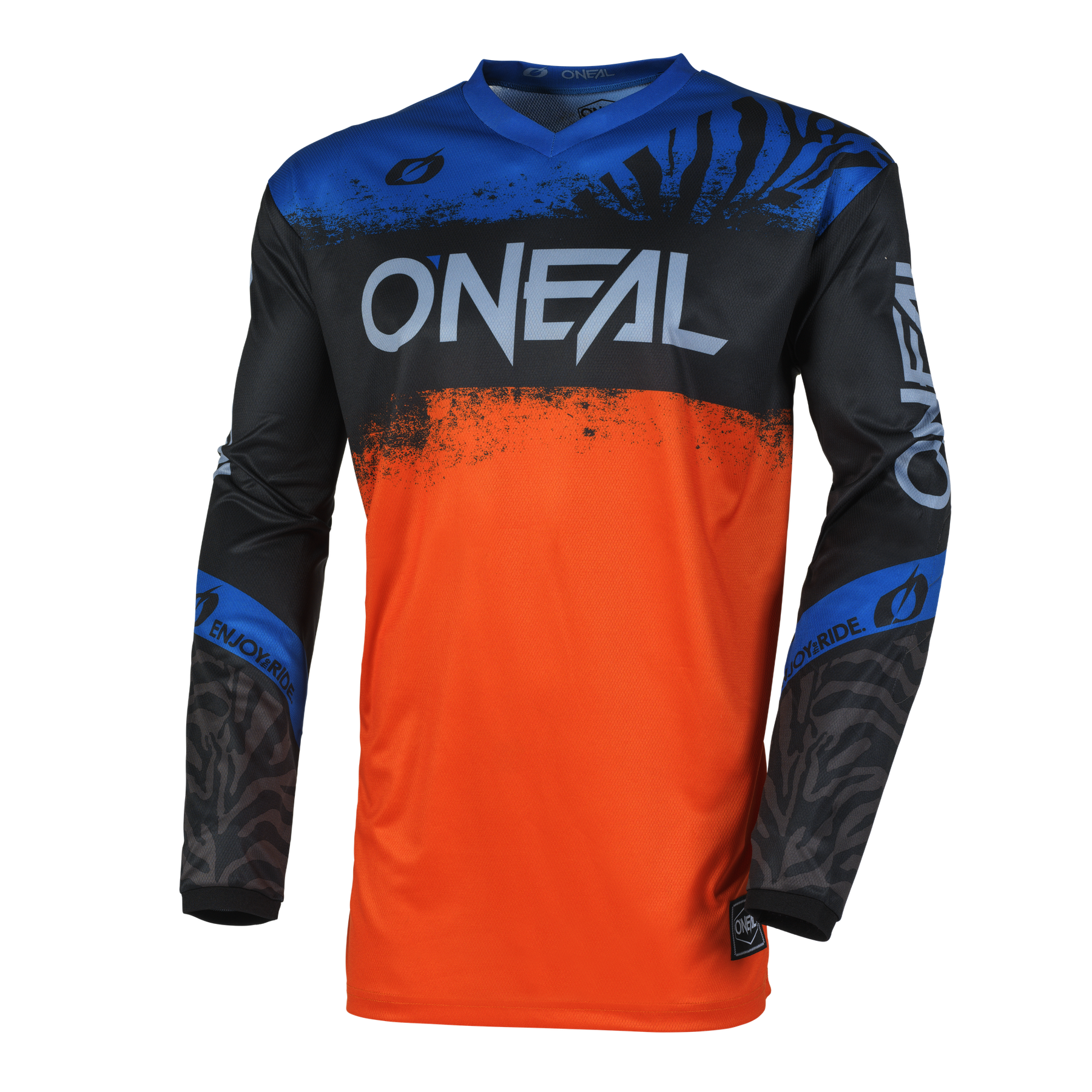 Das O'NEAL ELEMENT Jersey SHOCKER ist ein langärmeliges Trikot in den Farben Schwarz, Orange und Blau mit auffälligen Logos und abstrakten Mustern. Es ist aus atmungsaktivem Material gefertigt und bietet eine perfekte Passform und Komfort auf der Strecke.