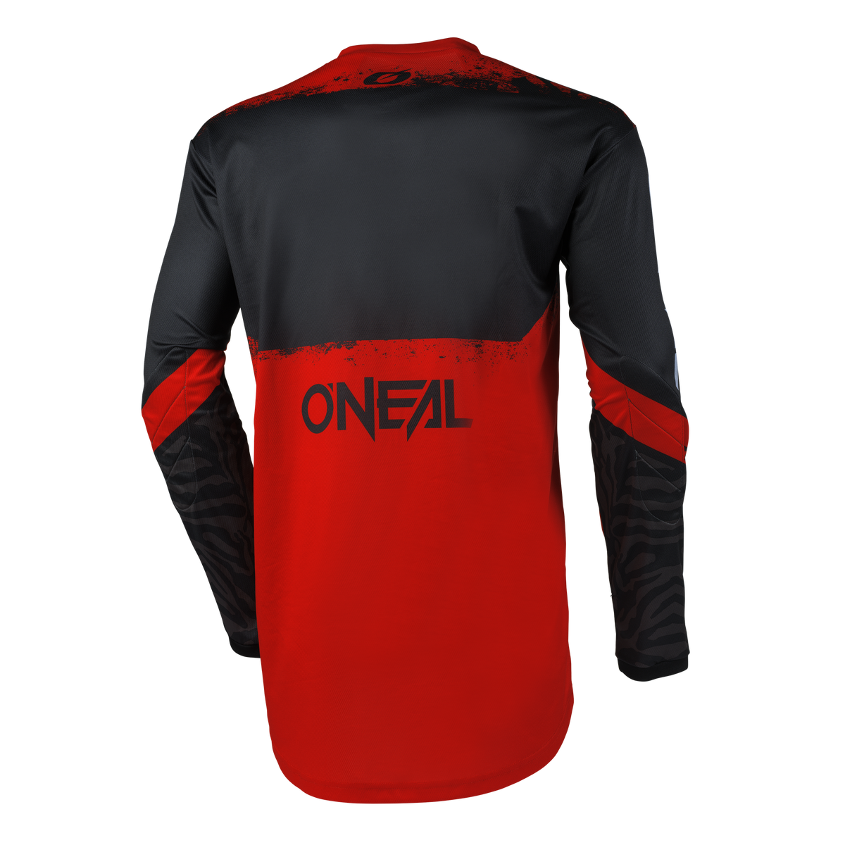 Das O'NEAL ELEMENT Jersey SHOCKER ist ein langärmeliges Motocross-Top in Rot mit schwarzen Ärmeln und dezenten Mustern. Aus atmungsaktivem Material gefertigt, bietet es eine perfekte Passform für Komfort, mit dem O'NEAL-Logo fett gedruckt auf der Rückseite.