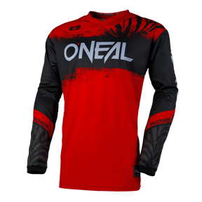 Das O'NEAL ELEMENT Jersey SHOCKER besticht durch einen fetten "ONEAL"-Schriftzug auf der Brust, rote und schwarze Farben, zebragemusterte Ärmel, "ENJOY THE RIDE" auf den Unterarmen, perfekten Sitz und atmungsaktives Material.