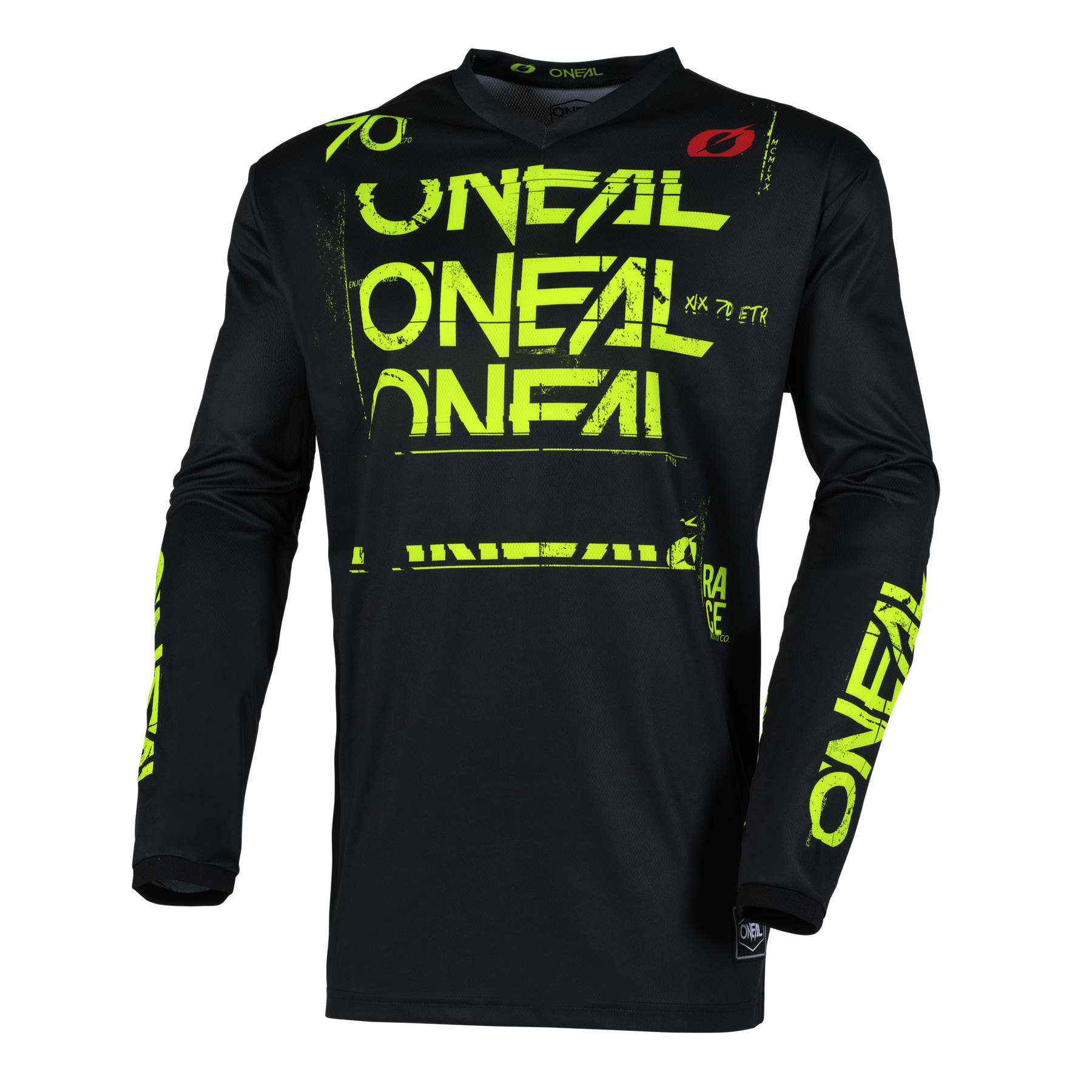 Das O'NEAL ELEMENT Jersey STATIC ist ein schwarzes Langarmtrikot mit leuchtend gelb-grüner Grafik von O'NEAL. Es ist aus atmungsaktivem Material gefertigt und hat eine perfekte Passform - ideal für Offroad- oder Motocross-Fahrten.
