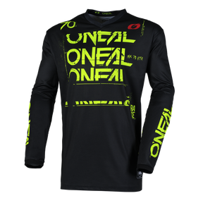 Das O'NEAL ELEMENT Jersey STATIC ist ein schwarzes Langarmtrikot mit leuchtend gelb-grüner Grafik von O'NEAL. Es ist aus atmungsaktivem Material gefertigt und hat eine perfekte Passform - ideal für Offroad- oder Motocross-Fahrten.