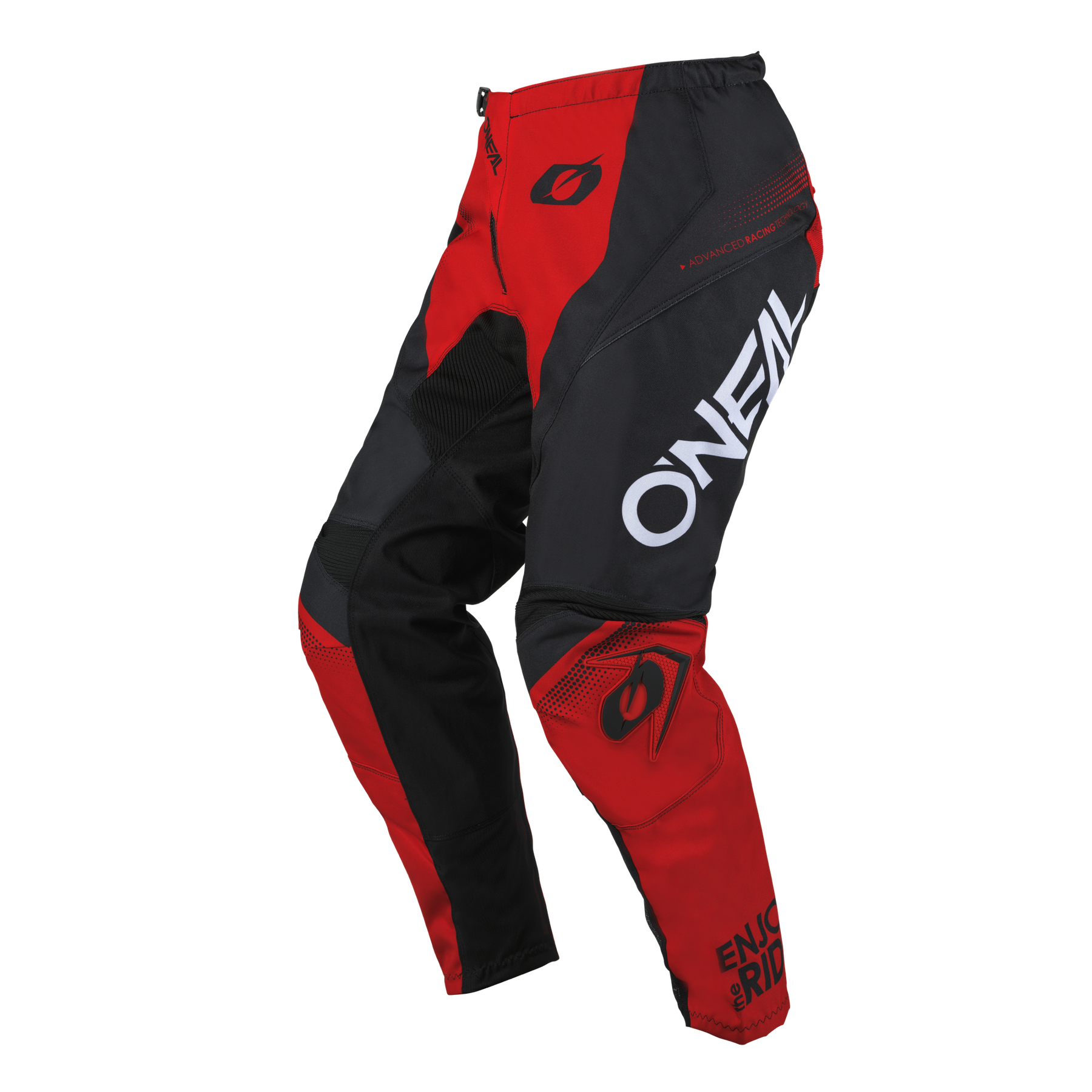 Die rot-schwarze O'NEAL ELEMENT Hose RACEWEAR hat das markante weiße O'NEAL-Logo auf dem rechten Bein, schwarze Einsätze und ein extra Motorsport-Branding für Komfort und Schutz bei jeder Fahrt.