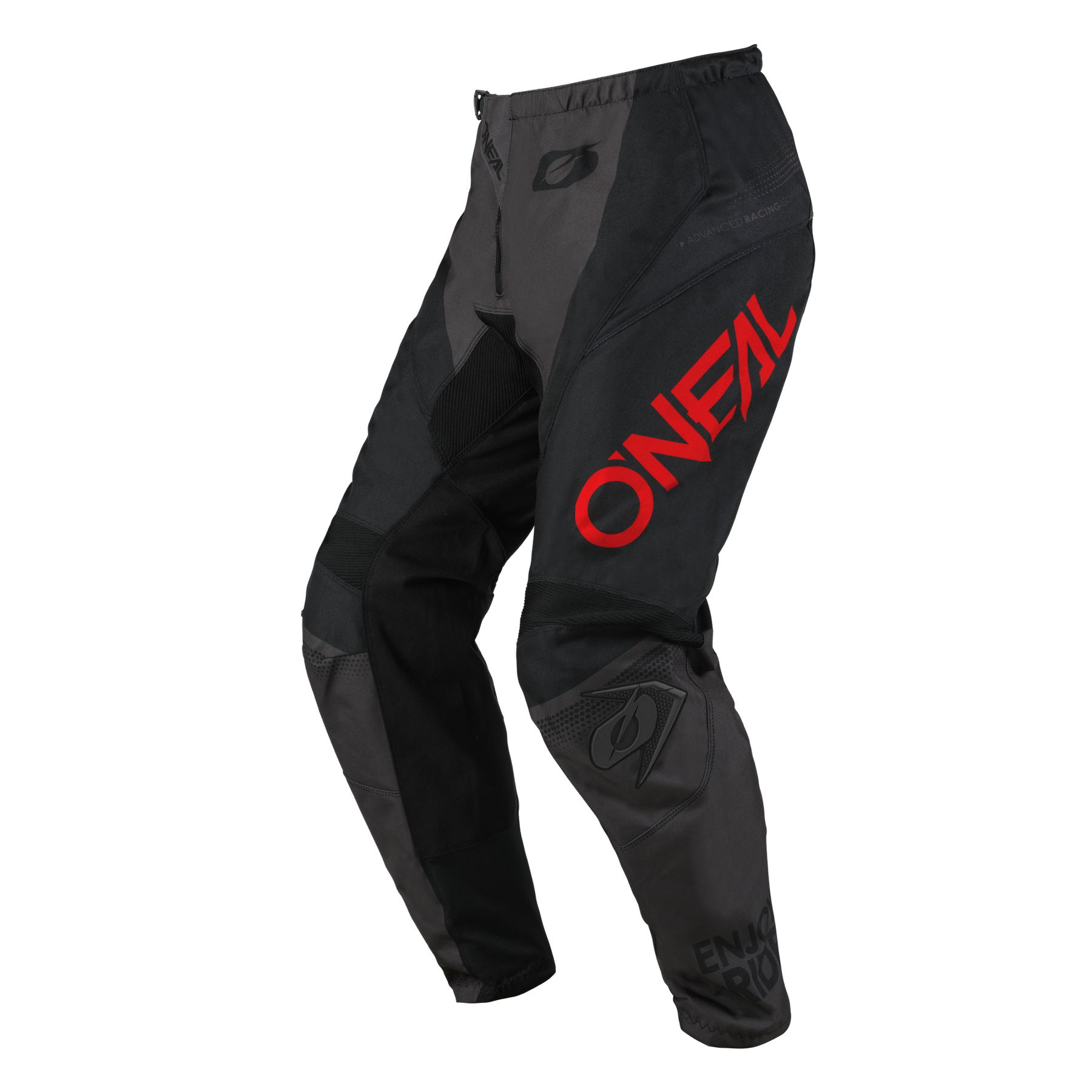 Die O'NEAL ELEMENT Hose Kinder RACEWEAR ist eine schwarze Motocross-Hose mit rotem Logo auf dem rechten Oberschenkel, verstärkten Einsätzen und Mesh-Belüftungsbereichen, abgebildet auf einem weißen Hintergrund.