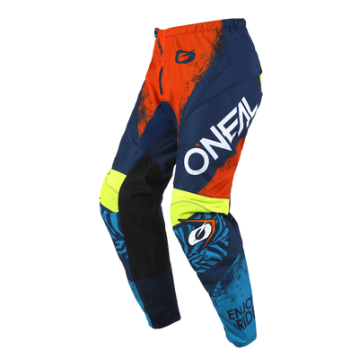 Die O'NEAL ELEMENT Hose Kinder SHOCKER besticht durch ihr auffälliges blau-orange-gelb-schwarzes Design mit auffälligen "O'NEAL"- und "ENJOY RIDE"-Grafiken - die ideale Motocross-Hose für junge Fahrer, die einen auffälligen Stil suchen.