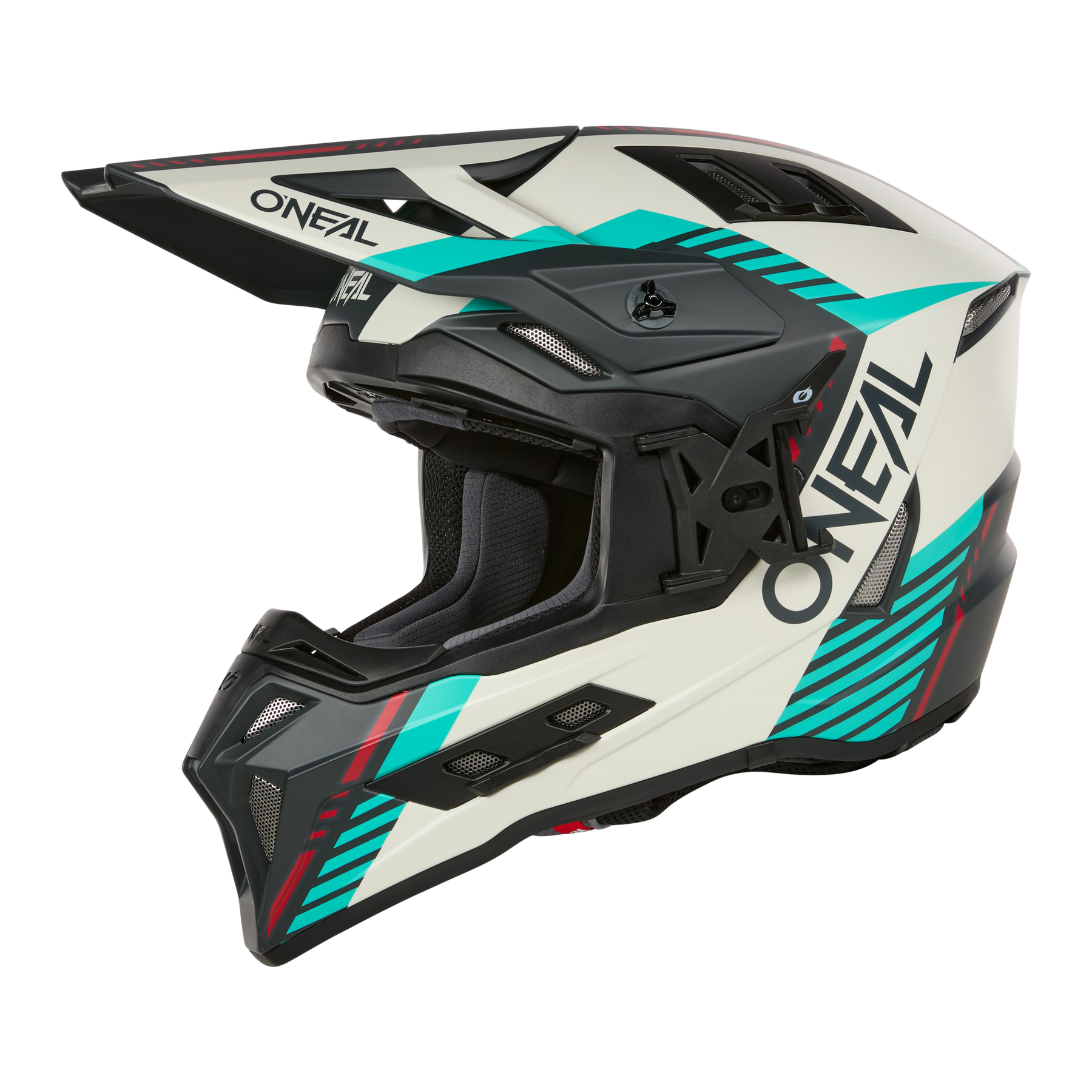 Der O'NEAL EX-SRS Helm QUIN EDITION ist ein weißer O'NEAL-Helm mit blaugrünen, schwarzen und roten geometrischen Akzenten, ONFAL-Logo an der Seite und am Visier, sowie einem großen Visier und Kinnschutz für MX- und Enduro-Schutz.