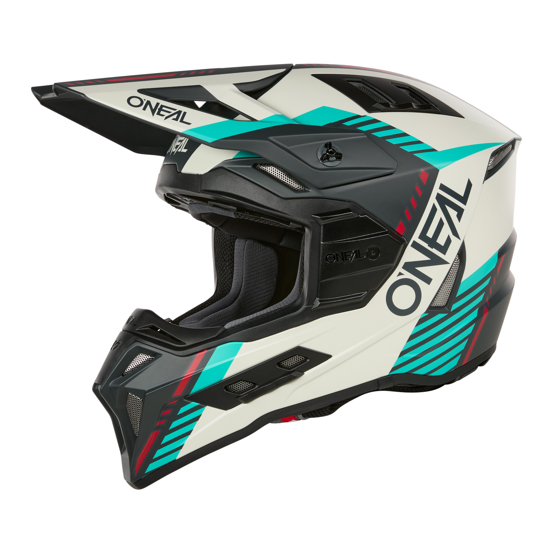 Der O'NEAL EX-SRS Helm QUIN EDITION hat ein weißes und schwarzes Design mit blaugrünen und roten Akzenten, ein Visier, eine gepolsterte Innenausstattung, ein auffälliges O'NEAL Branding und ist mit dem Quin Smart Safety Sensor für verbesserten Schutz kompatibel.