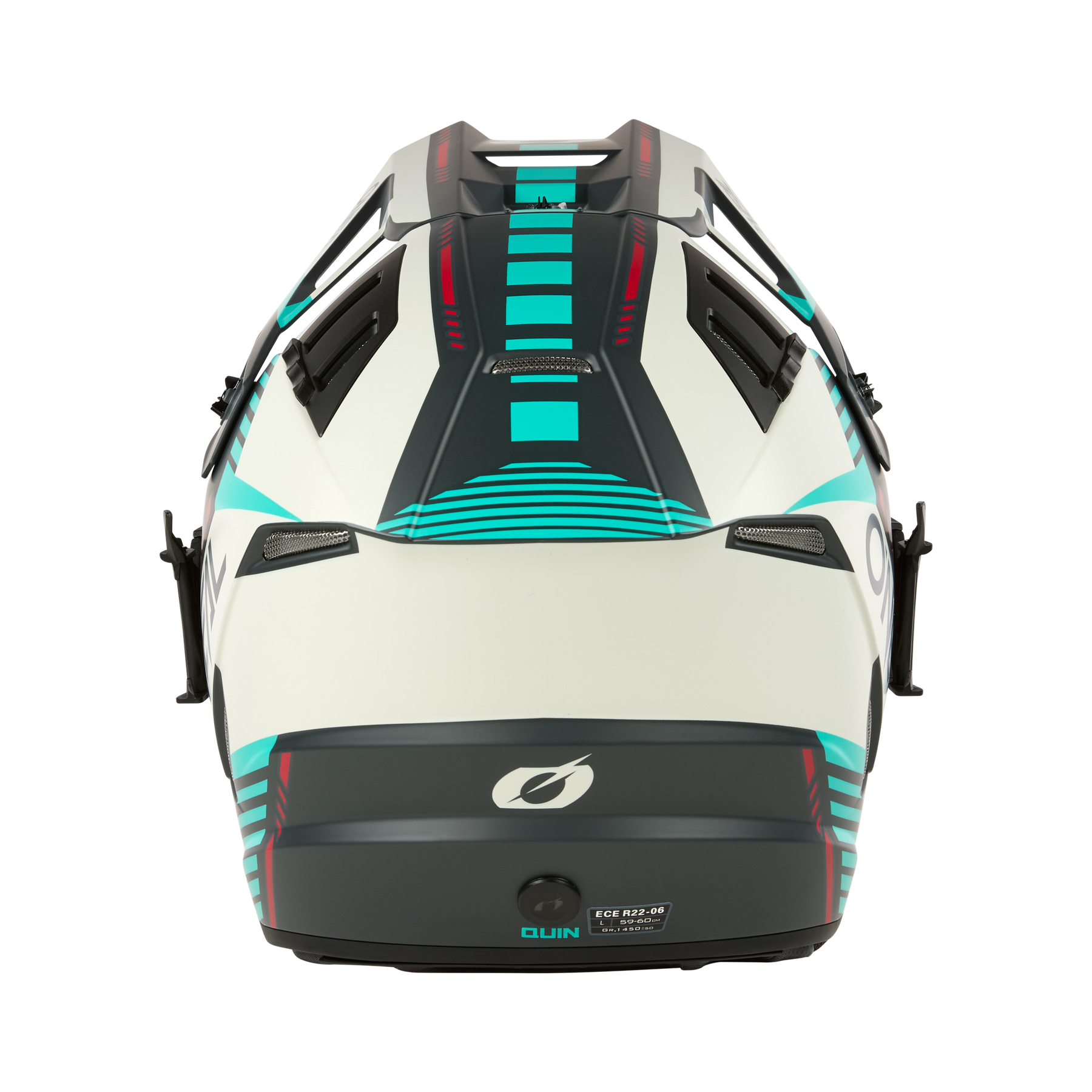 Draufsicht auf den O'NEAL EX-SRS Helm QUIN EDITION in Weiß und Schwarz mit geometrischen Akzenten in Grün und Rot, Belüftungsöffnungen, O'NEAL- und QUIN-Logos auf der Rückseite und mit dem Quin Smart Safety Sensor für verbesserten Schutz.