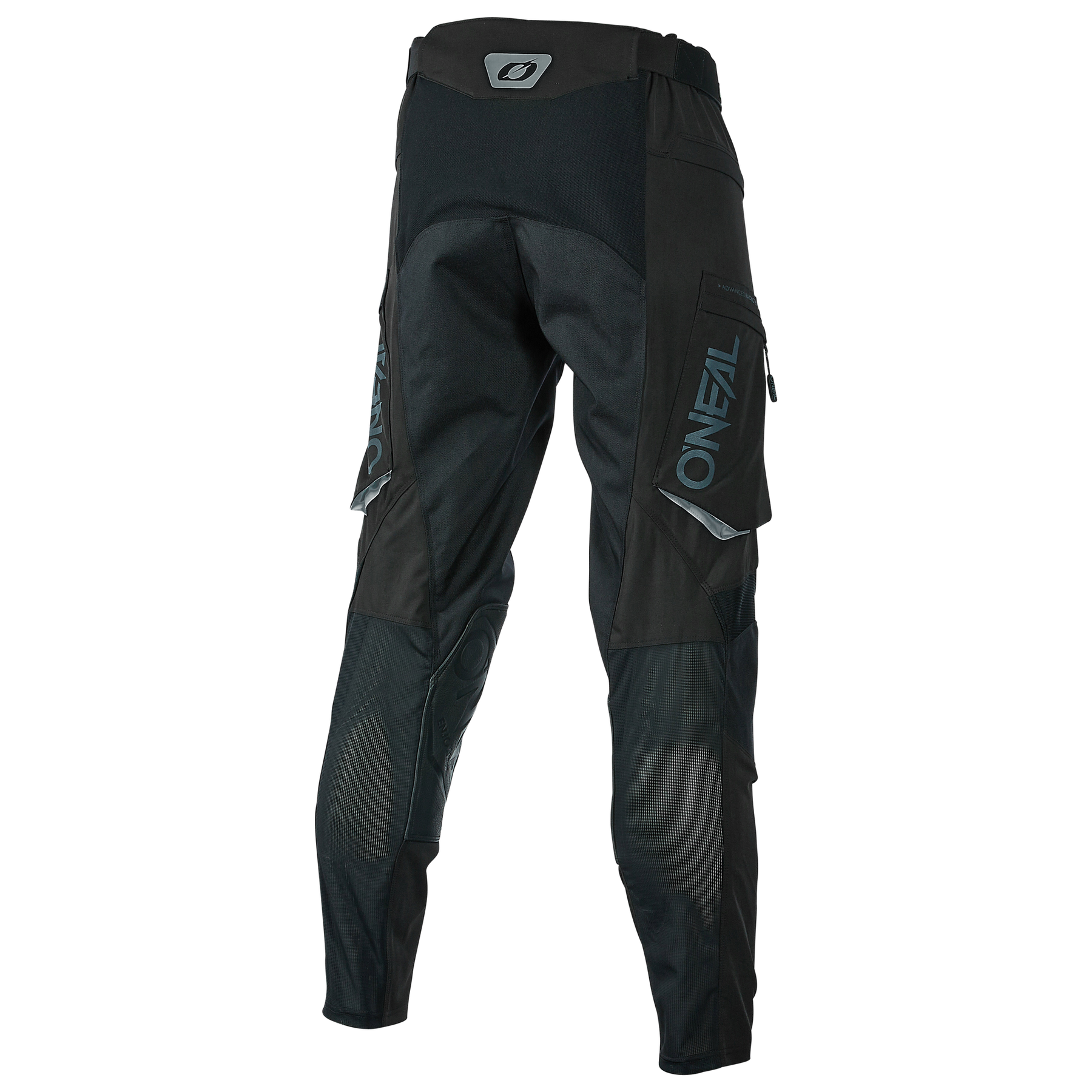 Die O'NEAL EXT Enduro Pants in Schwarz und Grau verfügt über ein seitliches O'NEAL-Branding, Knieverstärkungen, Reißverschlusstaschen und einen taillierten Bund. Abgebildet aus einer schrägen Rückansicht - ideal für Offroad-Enthusiasten.