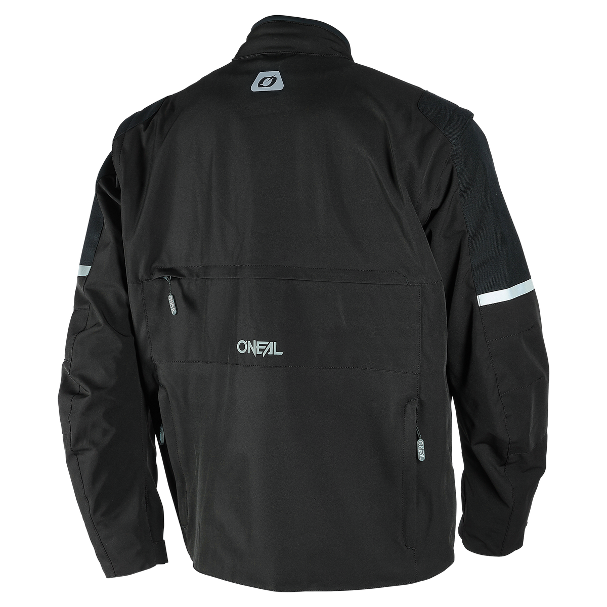 Die von hinten gezeigte O'NEAL EXT Enduro Jacket verfügt über lange Ärmel, eine ergonomische Passform, reflektierende Armstreifen, Reißverschlusstaschen und O'NEAL-Logos auf dem oberen und unteren Rücken.