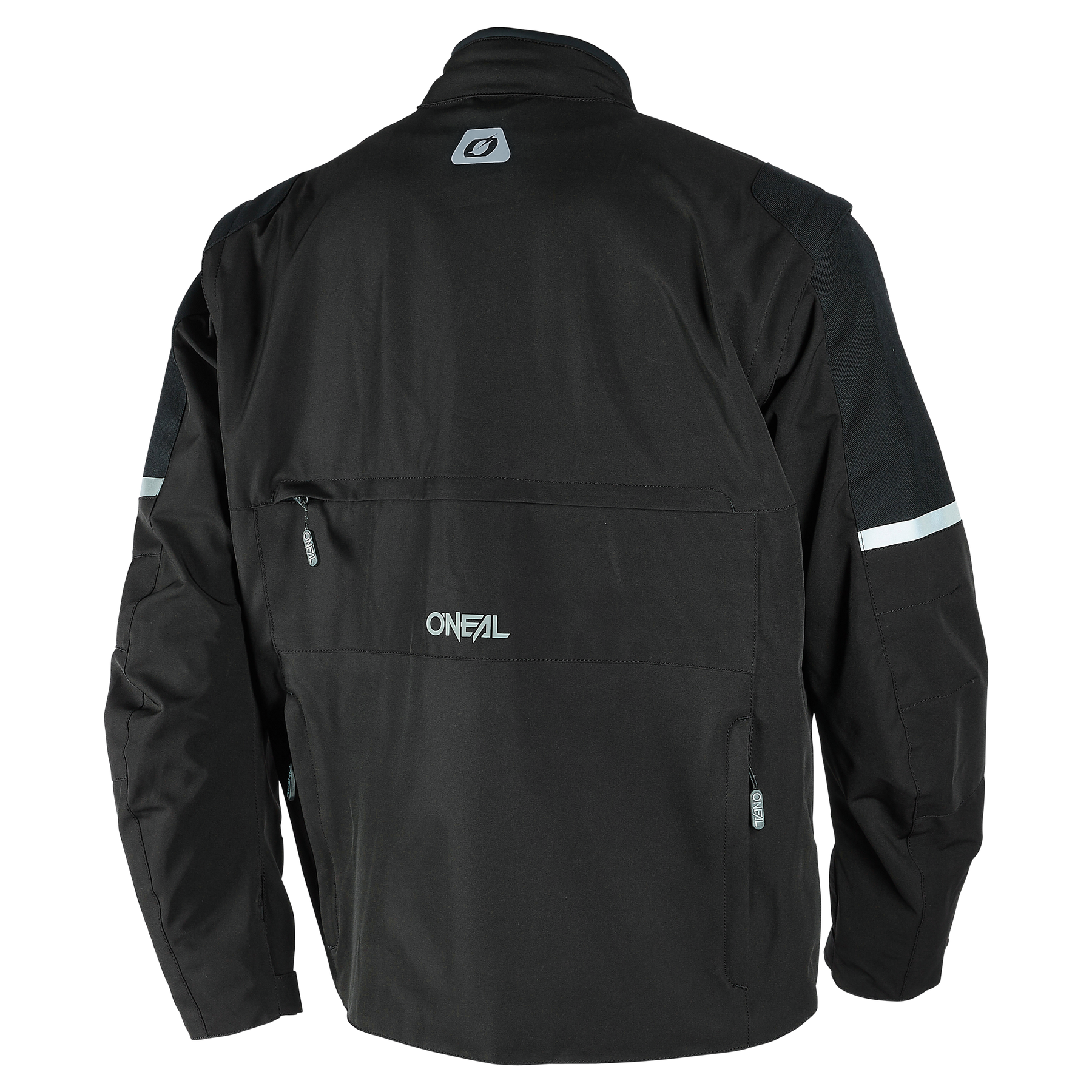 Die von hinten gezeigte O'NEAL EXT Enduro Jacket verfügt über lange Ärmel, eine ergonomische Passform, reflektierende Armstreifen, Reißverschlusstaschen und O'NEAL-Logos auf dem oberen und unteren Rücken.