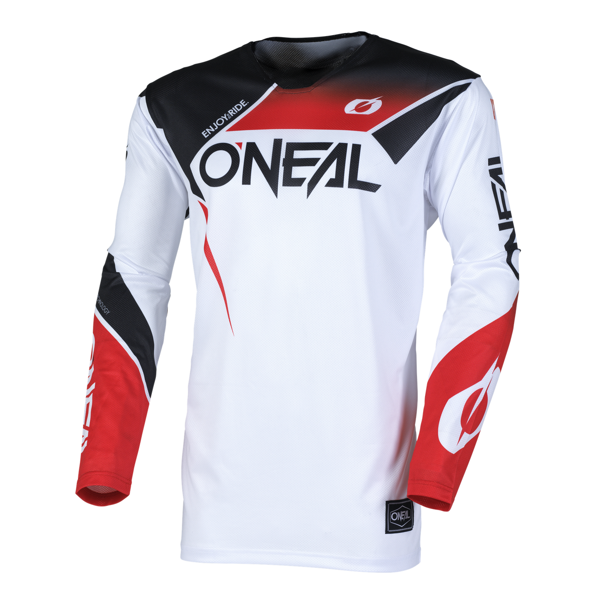 Das O'NEAL HARDWEAR AIR Jersey SLAM ist ein leistungsstarkes, langärmeliges Motocross-Top mit weißem Grundton, schwarzen und roten Akzenten und auffälligem O'NEAL-Branding - ideal für Ihr nächstes Motorradabenteuer.