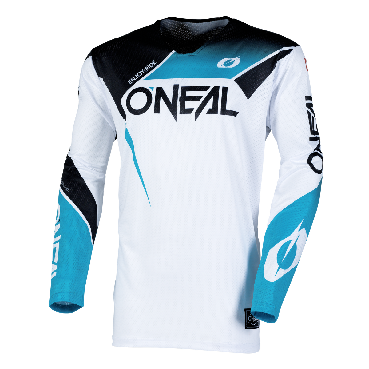 Das O'NEAL HARDWEAR AIR Jersey SLAM - weiß, schwarz und türkis mit "ONEAL"-Schriftzug und geometrischem Muster - bietet High-Performance-Qualität für jede Fahrt, entwickelt für Bike-Abenteuer.